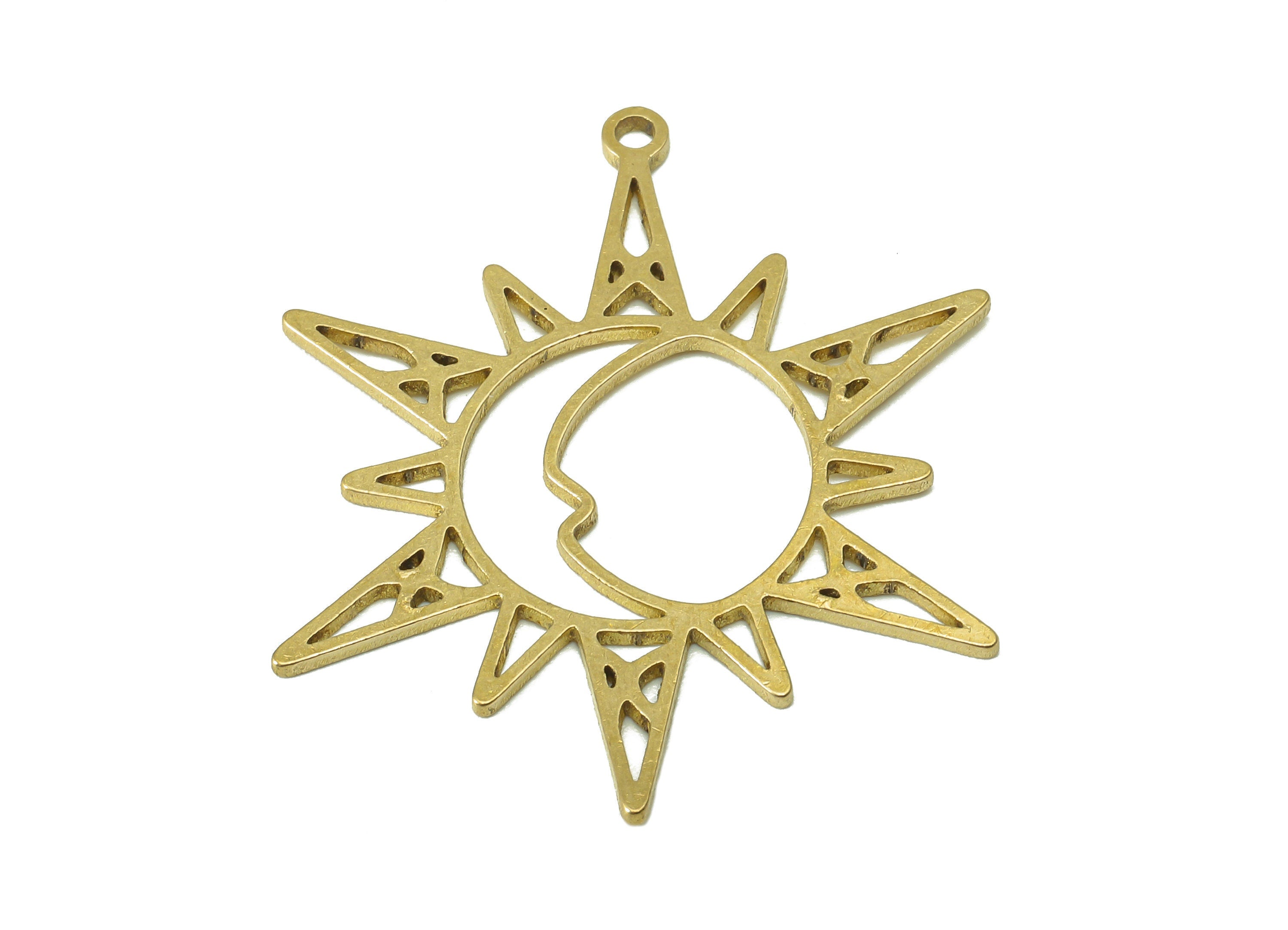 Brass Sun Crescent Earring Charm - Raw Brass Round Moon Earring - Star Pendant With Loop - Charm For Necklace - 34.9x33x0.9mm - PPA7168 - DOMEDBAZAAR
