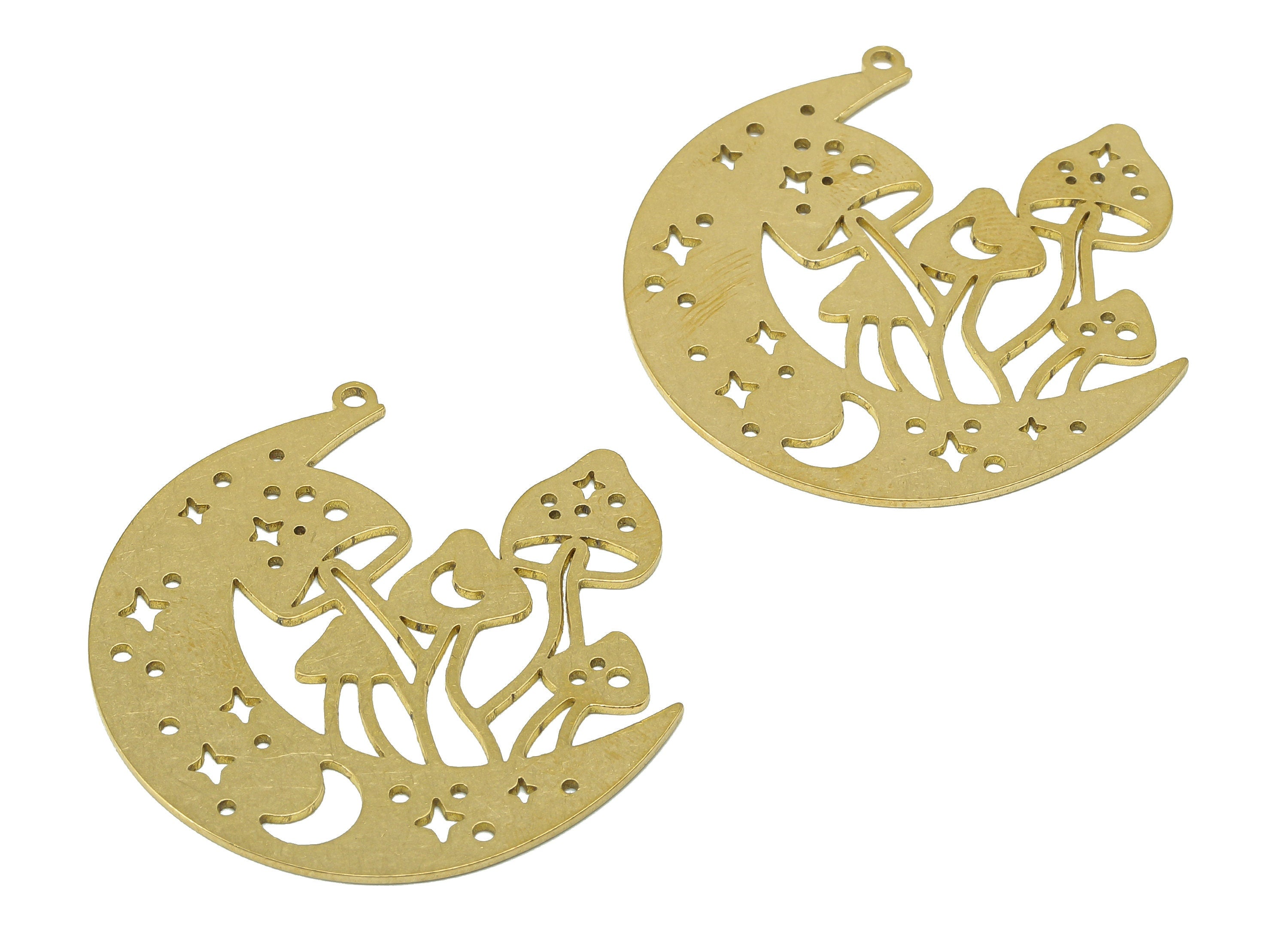 Brass Mushroom Crescent Earring Charm - Raw Brass Star Moon Earring - Hollow Pendant With Loop - For Necklace - 39.5x37.9x0.7mm - PPZ0238 - DOMEDBAZAAR