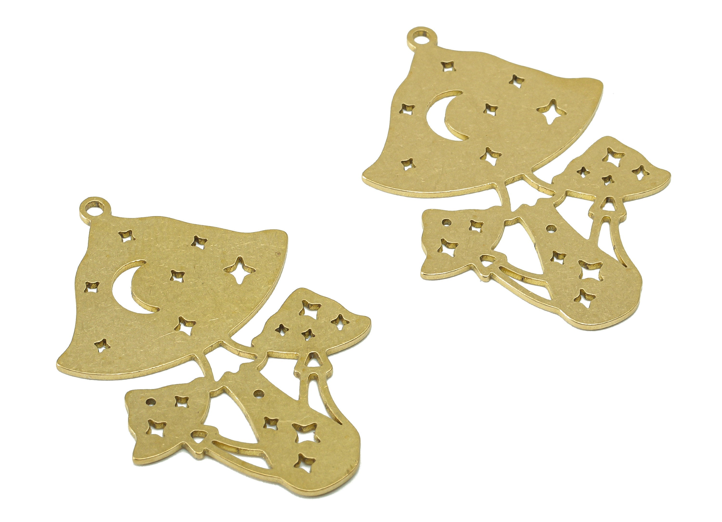 Brass Mushroom Earring Charm - Raw Brass Crescent Star Hollow Earring - Botanical Pendant With Loop - For Necklace - 37.9x25.4x0.7mm-PPZ0225 - DOMEDBAZAAR