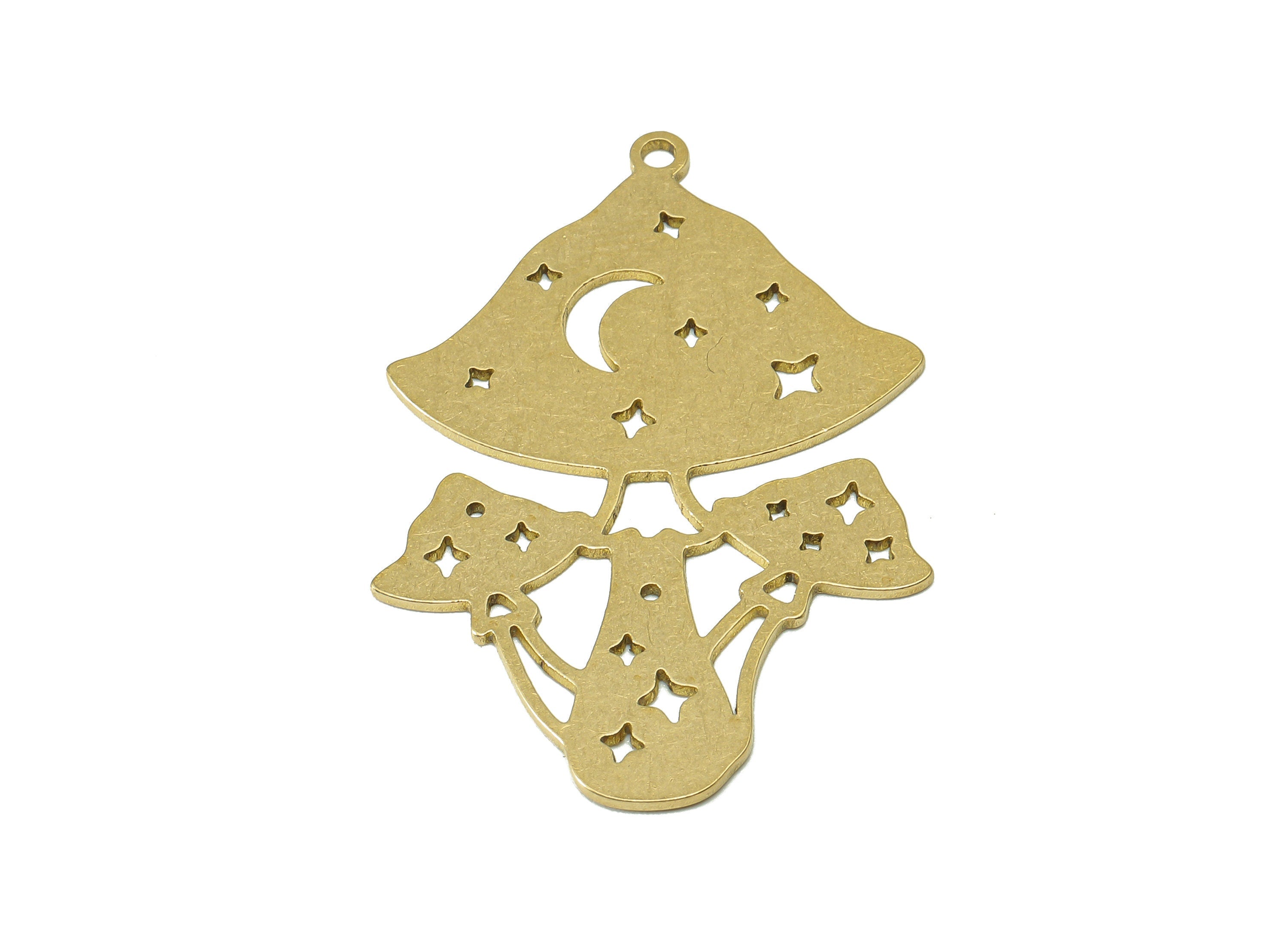 Brass Mushroom Earring Charm - Raw Brass Crescent Star Hollow Earring - Botanical Pendant With Loop - For Necklace - 37.9x25.4x0.7mm-PPZ0225 - DOMEDBAZAAR
