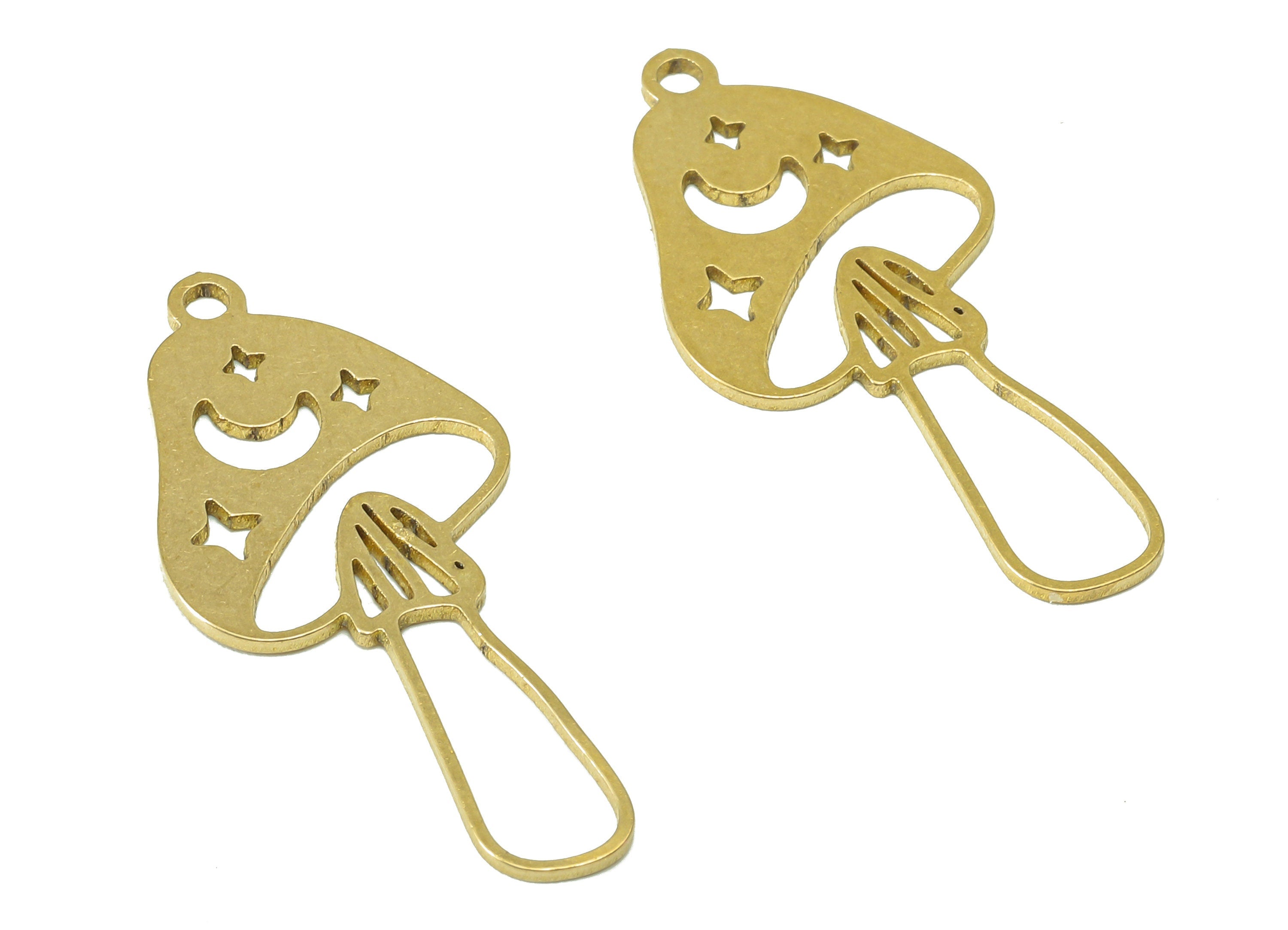 Brass Mushroom Earring Charm - Raw Brass Crescent Star Hollow Earring - Botanical Pendant With Loop - For Necklace - 29.8x13.9x0.7mm-PPZ0234 - DOMEDBAZAAR
