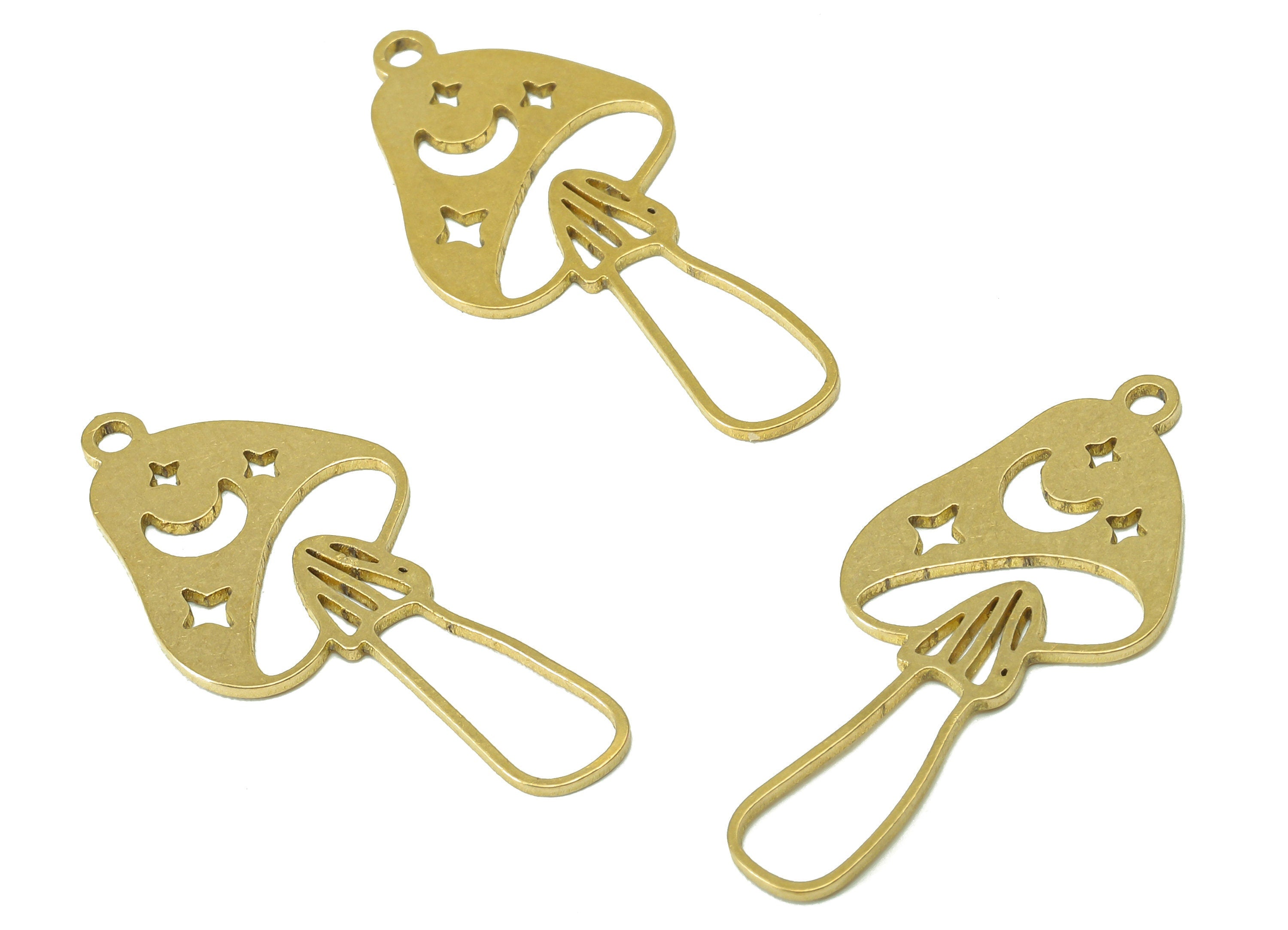 Brass Mushroom Earring Charm - Raw Brass Crescent Star Hollow Earring - Botanical Pendant With Loop - For Necklace - 29.8x13.9x0.7mm-PPZ0234 - DOMEDBAZAAR