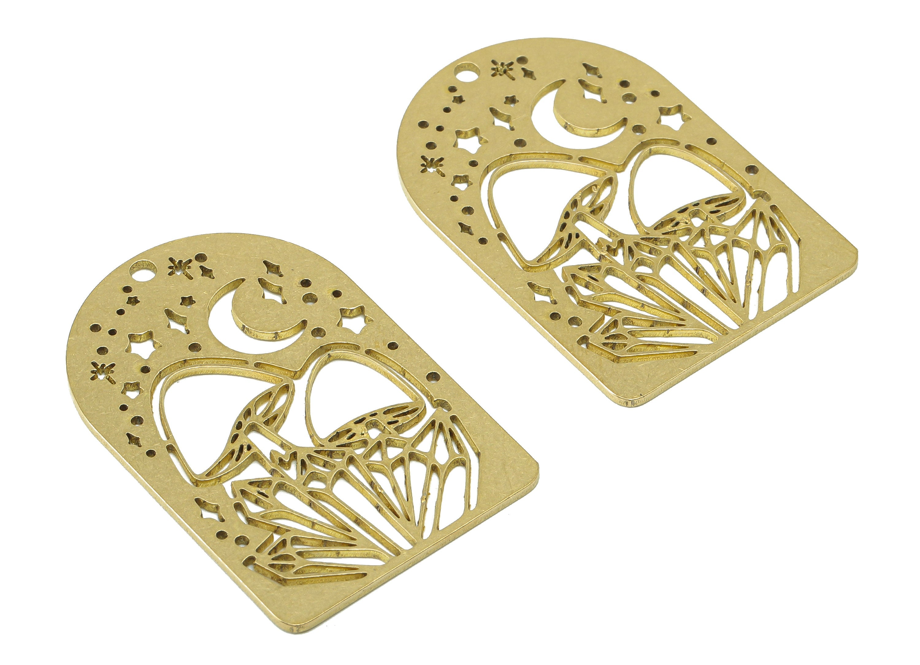 Brass Mushroom Star Domed Charm - Raw Brass Crescent Hollow Earring - Botanical Pendant With Hole - For Necklace - 37.6x25.2x0.9mm - PPZ0235 - DOMEDBAZAAR