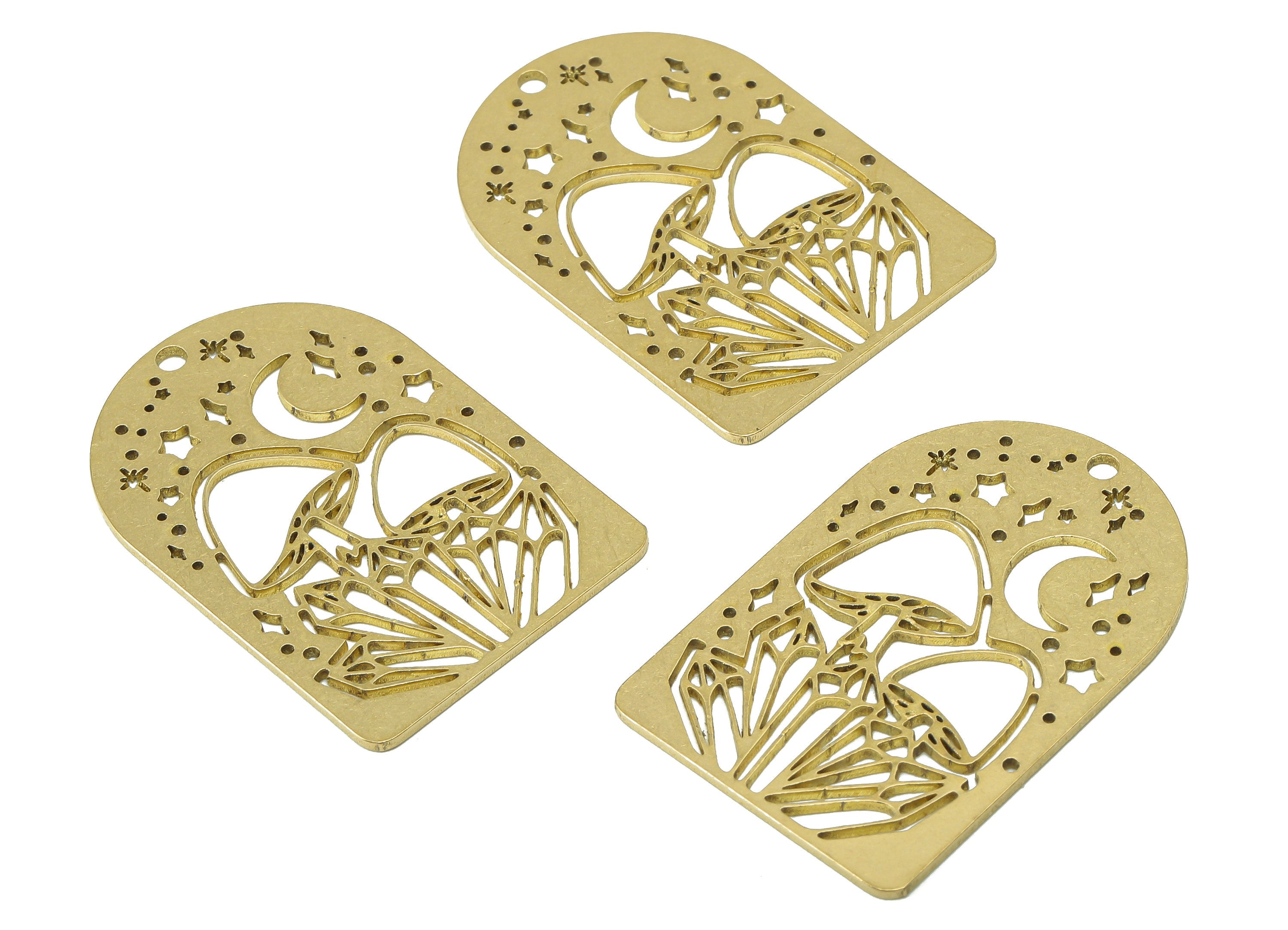 Brass Mushroom Star Domed Charm - Raw Brass Crescent Hollow Earring - Botanical Pendant With Hole - For Necklace - 37.6x25.2x0.9mm - PPZ0235 - DOMEDBAZAAR