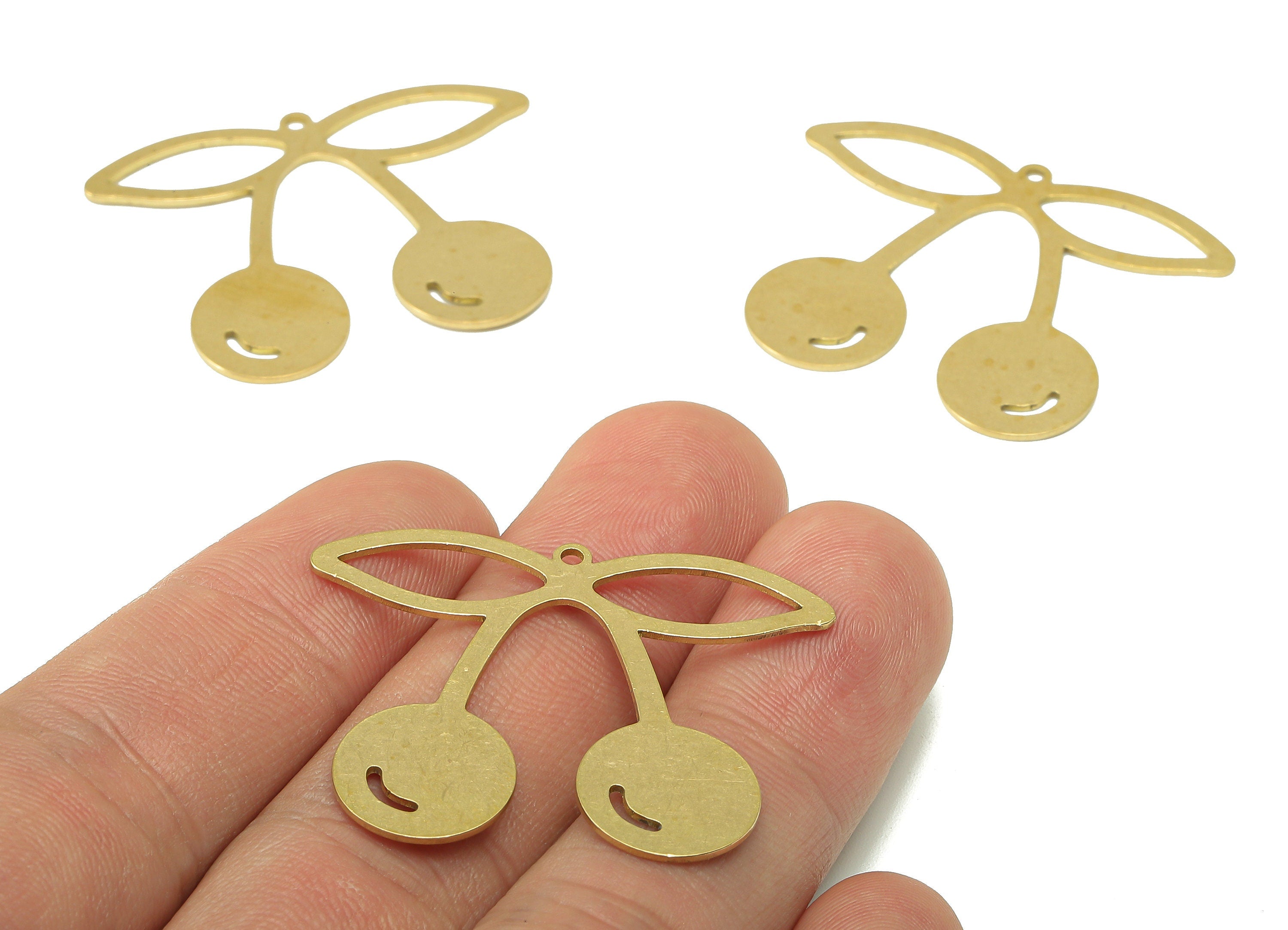 Brass Cherry Earring Charms - Raw Brass Cherry Earring - Cherry Pendant With Loop - Fruit Charm For Necklace - 37.7x29.7x0.7mm - PPA7080 - DOMEDBAZAAR