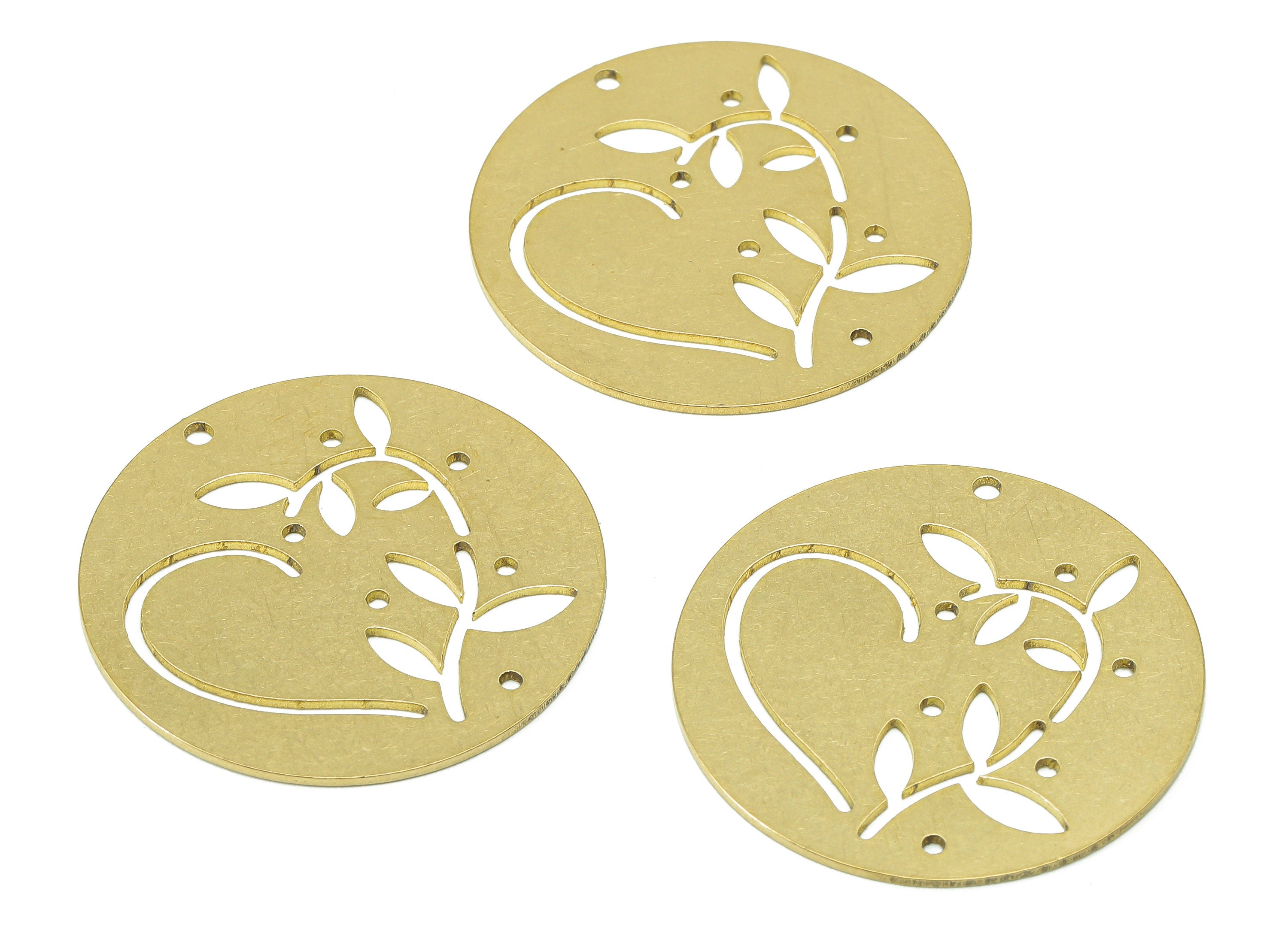 Brass Round Heart Earring Charm - Raw Brass Leaf Hollow Earring - Leaves Circle Pendant With Hole - Charm For Necklace - 30x30x0.7mm-PPA7166 - DOMEDBAZAAR