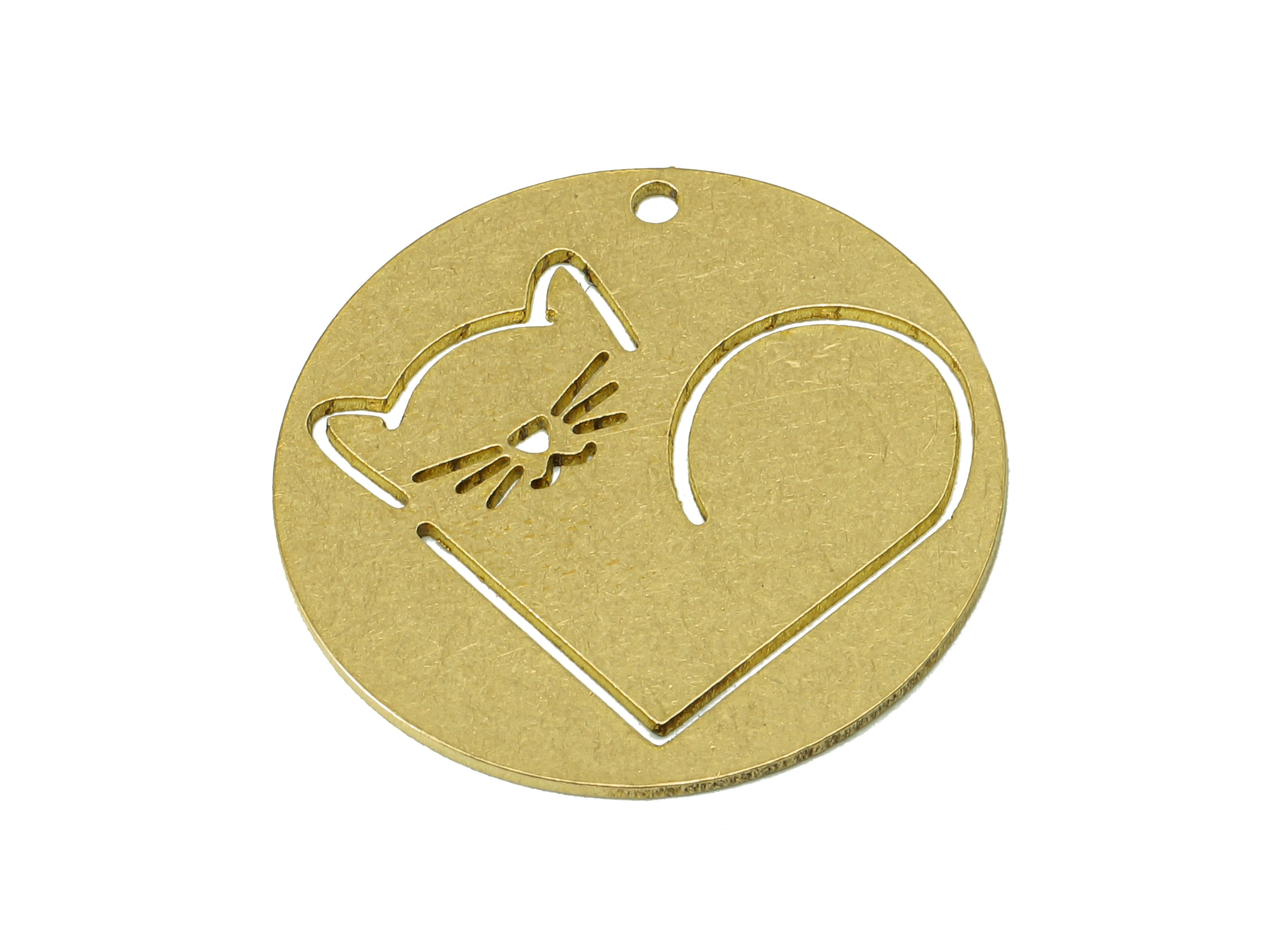 Brass Round Cat Love Charm - Raw Brass Cat Heart Hollow Earring - Circle Pendant With Hole - Animal Charm For Necklace - 25x25x0.7mm-PPA7007 - DOMEDBAZAAR