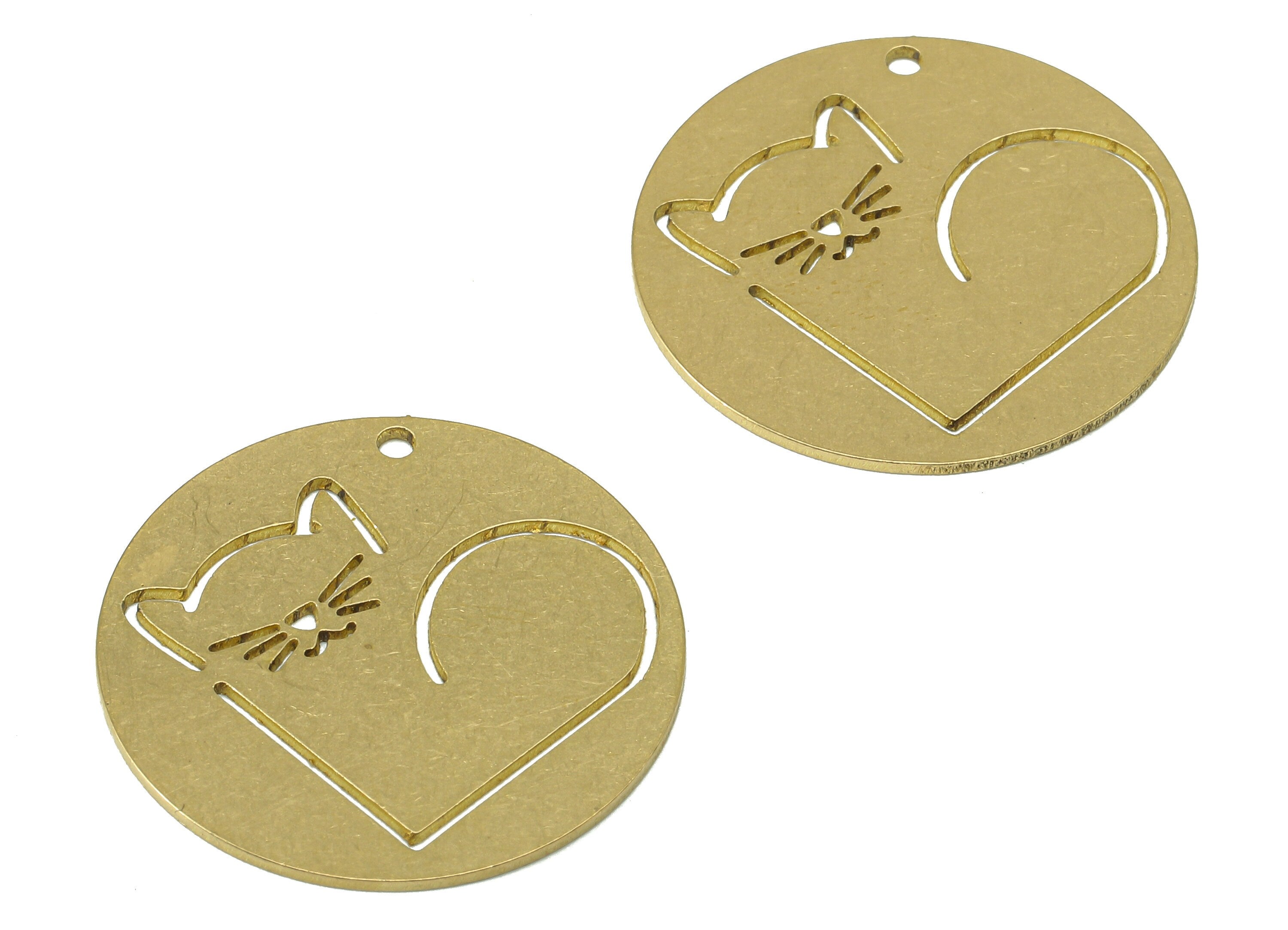 Brass Round Cat Love Charm - Raw Brass Cat Heart Hollow Earring - Circle Pendant With Hole - Animal Charm For Necklace - 25x25x0.7mm-PPA7007 - DOMEDBAZAAR