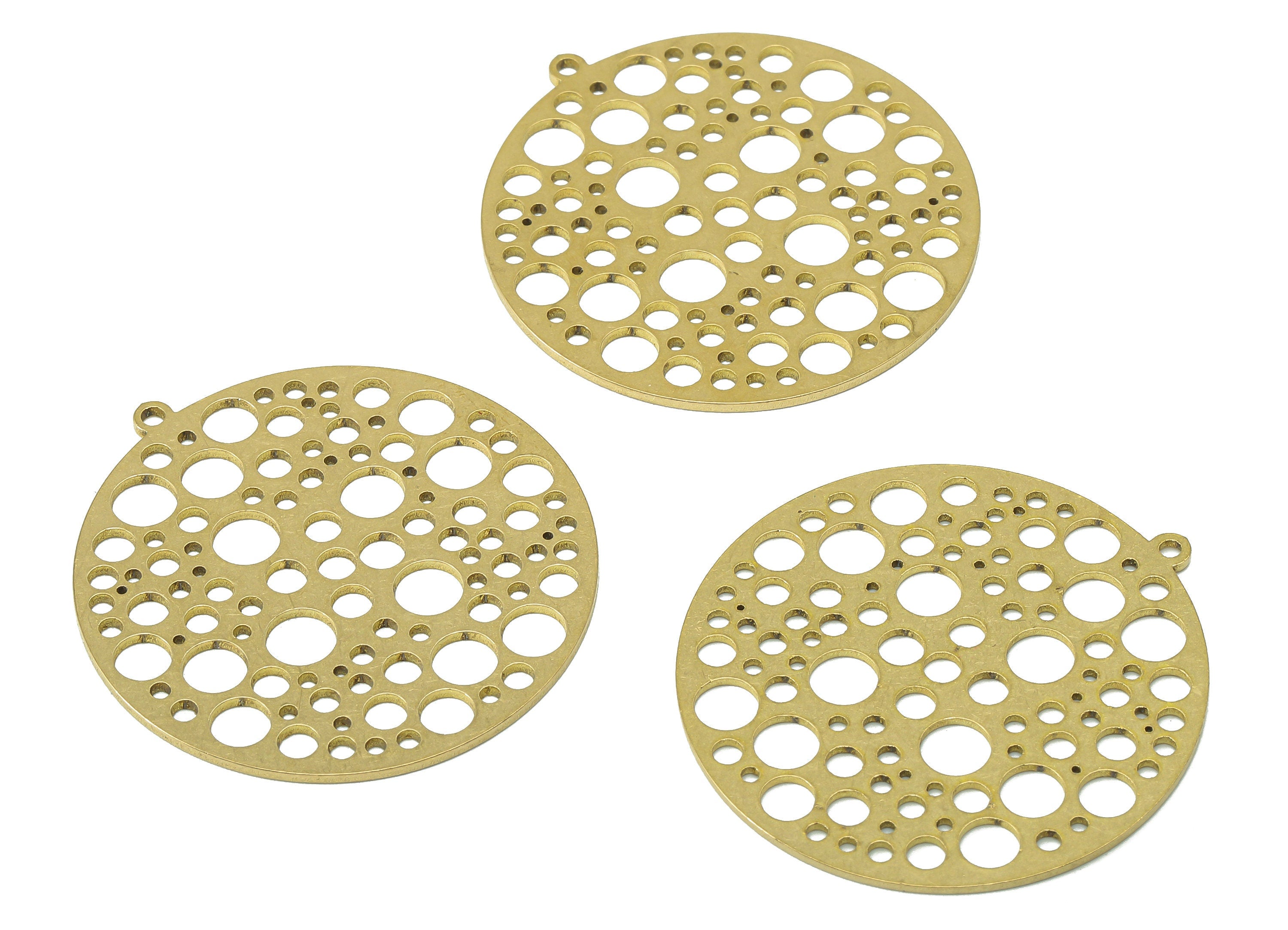 Brass Round Bubbles Earring Charm - Raw Brass Circle Dots Hollow Earring - Spot Pendant With Loop - For Necklace - 37.8x35.6x0.9mm - PPA6939 - DOMEDBAZAAR