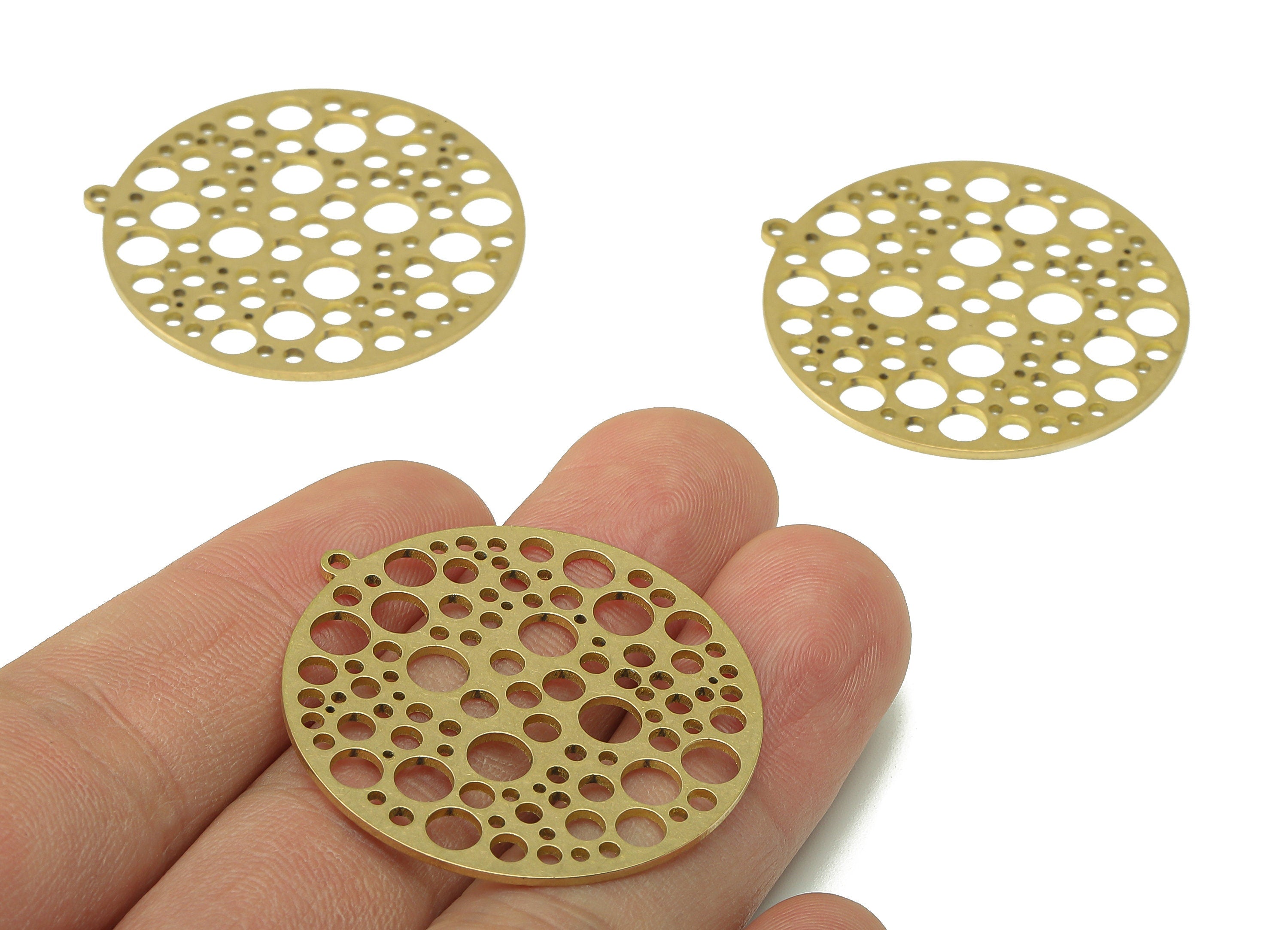 Brass Round Bubbles Earring Charm - Raw Brass Circle Dots Hollow Earring - Spot Pendant With Loop - For Necklace - 37.8x35.6x0.9mm - PPA6939 - DOMEDBAZAAR