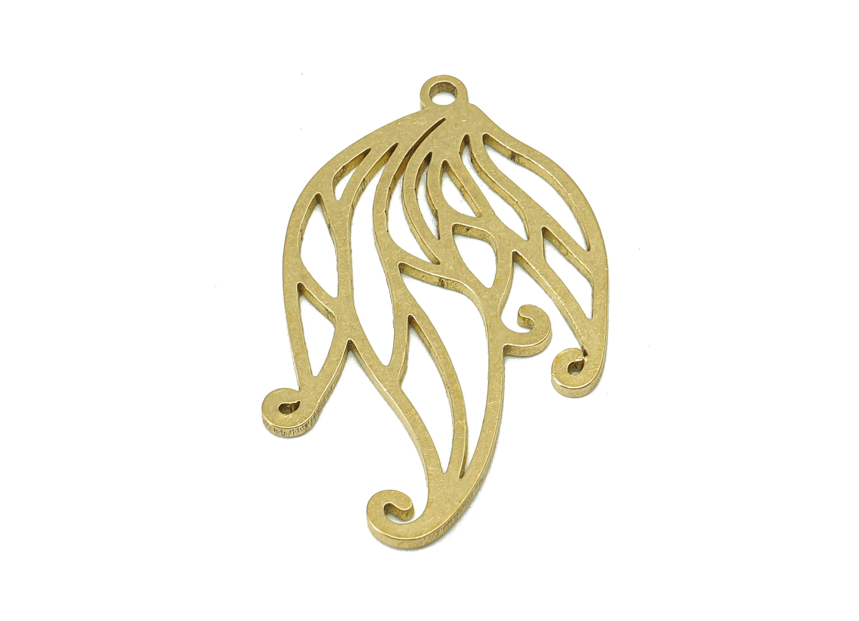 Brass Flower Feathers Earring Charms - Raw Brass Flower Earring - Pendant With Loop - Botanical Charm For Necklace - 31.8x18.8x0.9mm-PPA7425 - DOMEDBAZAAR