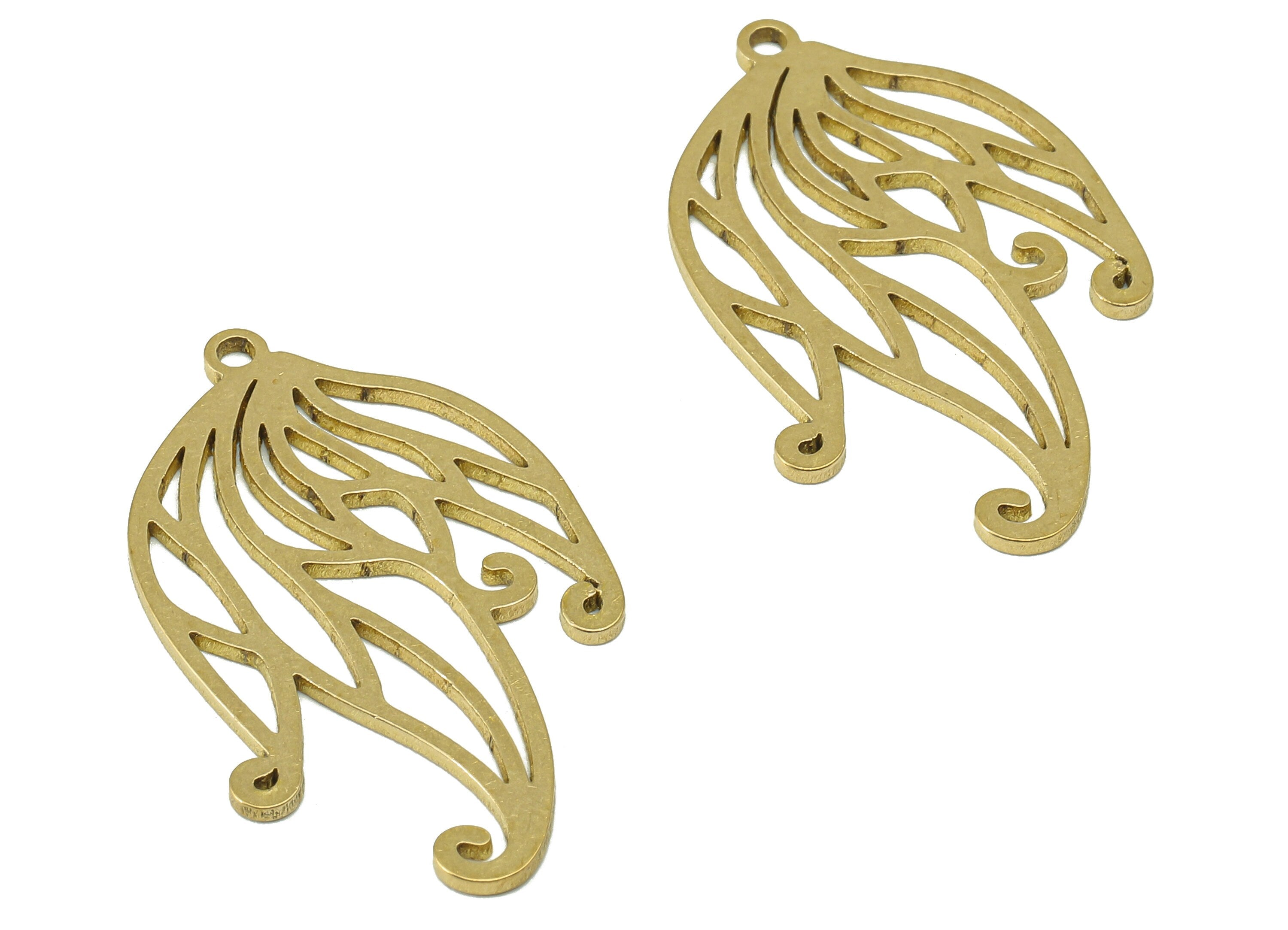 Brass Flower Feathers Earring Charms - Raw Brass Flower Earring - Pendant With Loop - Botanical Charm For Necklace - 31.8x18.8x0.9mm-PPA7425 - DOMEDBAZAAR