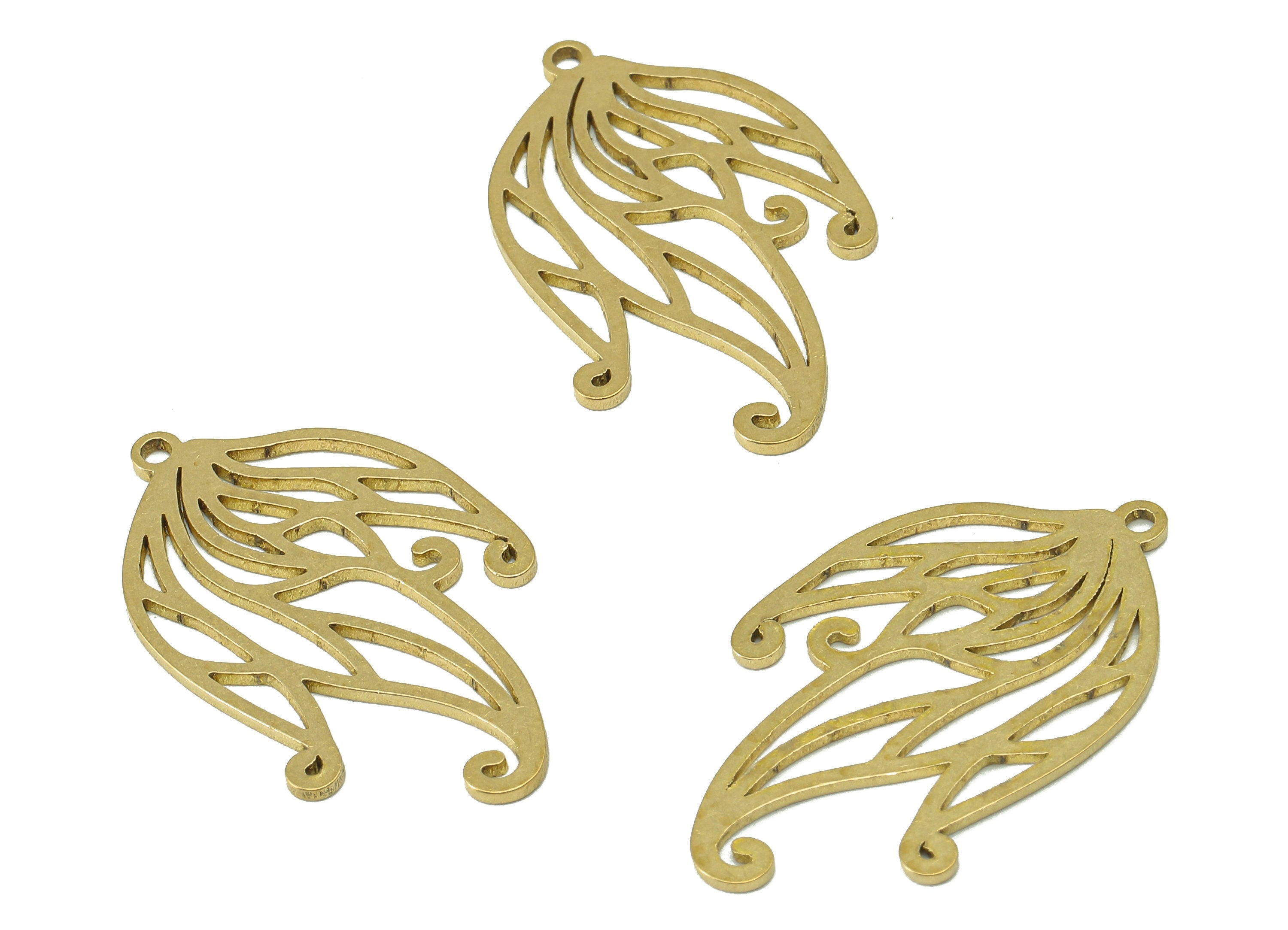 Brass Flower Feathers Earring Charms - Raw Brass Flower Earring - Pendant With Loop - Botanical Charm For Necklace - 31.8x18.8x0.9mm-PPA7425 - DOMEDBAZAAR