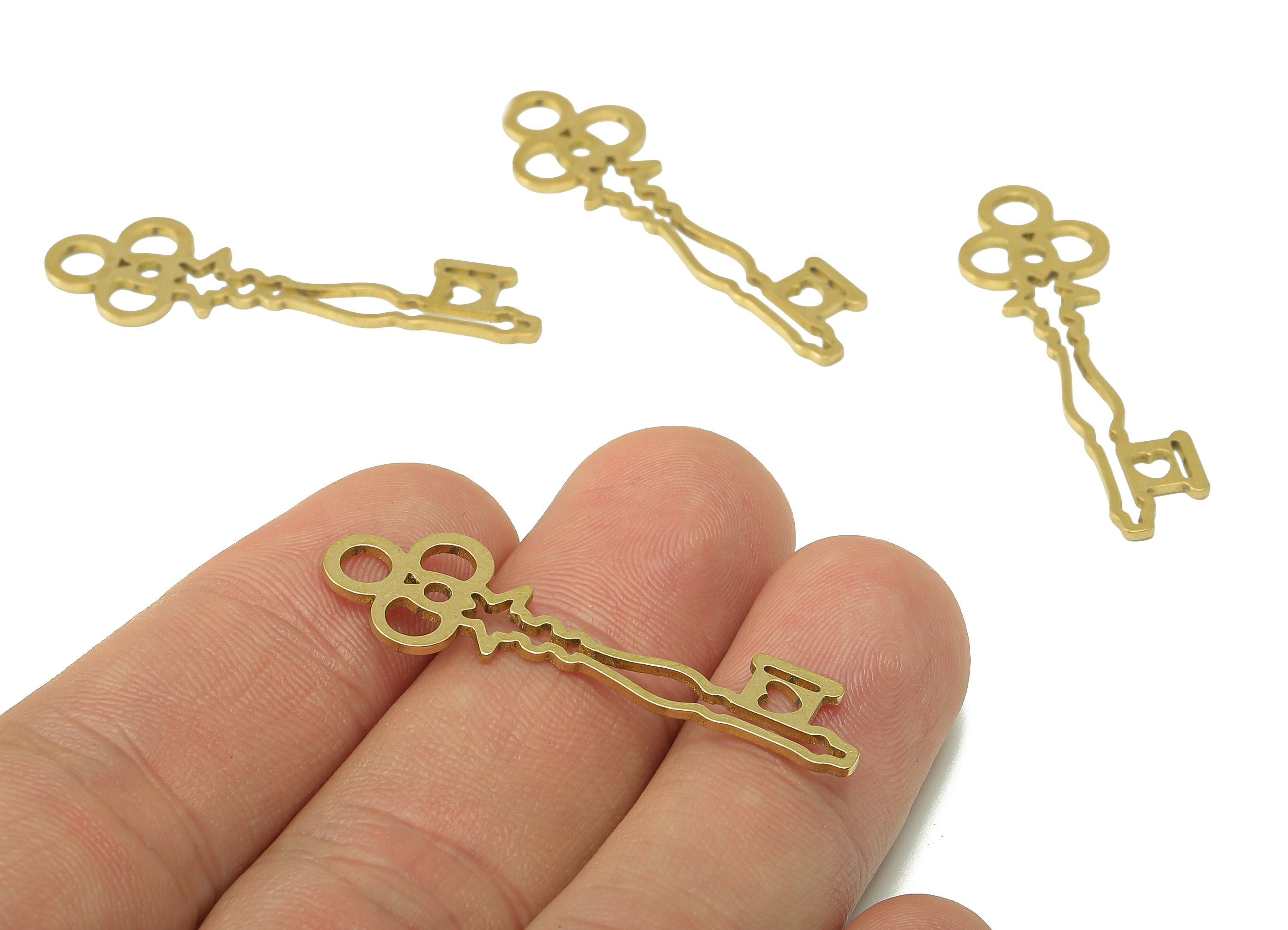 Brass Key Earring Charm - Raw Brass Key Pendant - Key Earring With Loop - Antique Looking Key Charm - For Necklace - 39.7x12x0.9mm - PPA7181 - DOMEDBAZAAR