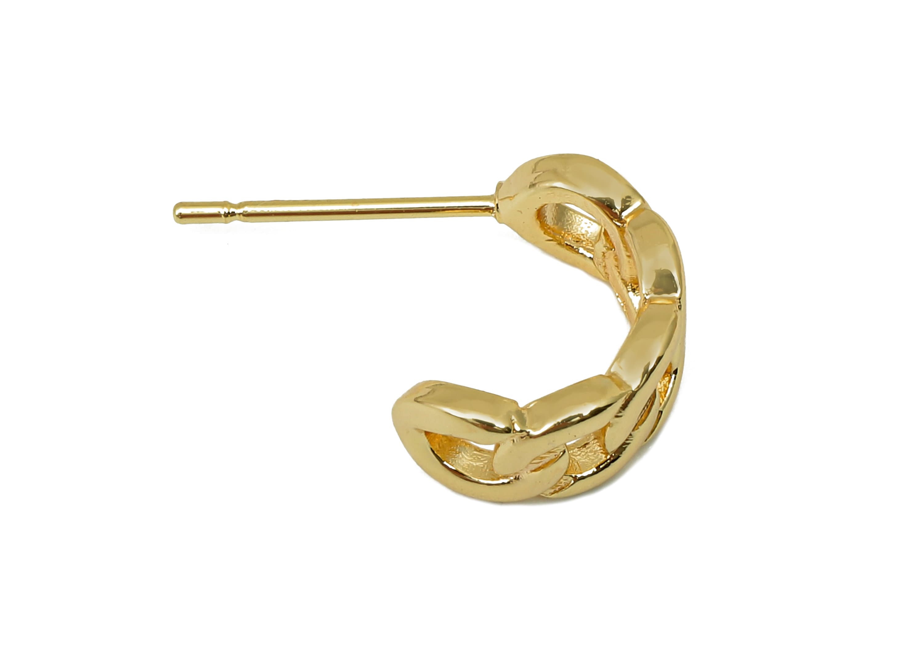 Brass Curb Chain Hoop Stud Earrings - Round C Earring Post - 316 Stainless Steel Stud - 18K Real Gold Plating - 19.4x11.4x1.8mm - RGP5610 - DOMEDBAZAAR