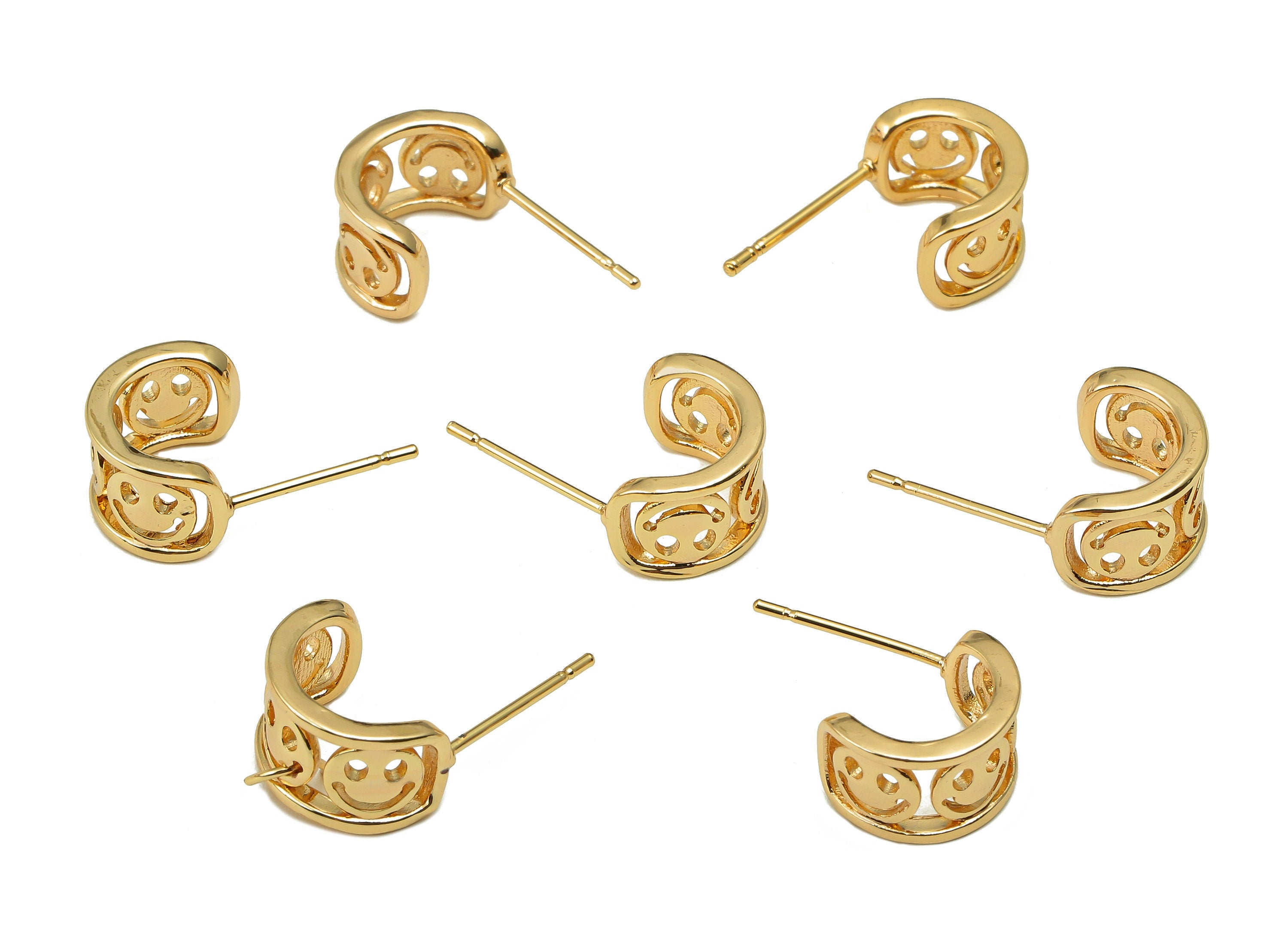 Brass Smile Huggie C Stud Earrings - Happy Face Earring Post - 316 Stainless Steel Stud - 18K Real Gold Plating - 18.71x11.0x1.6mm - RGP5611 - DOMEDBAZAAR