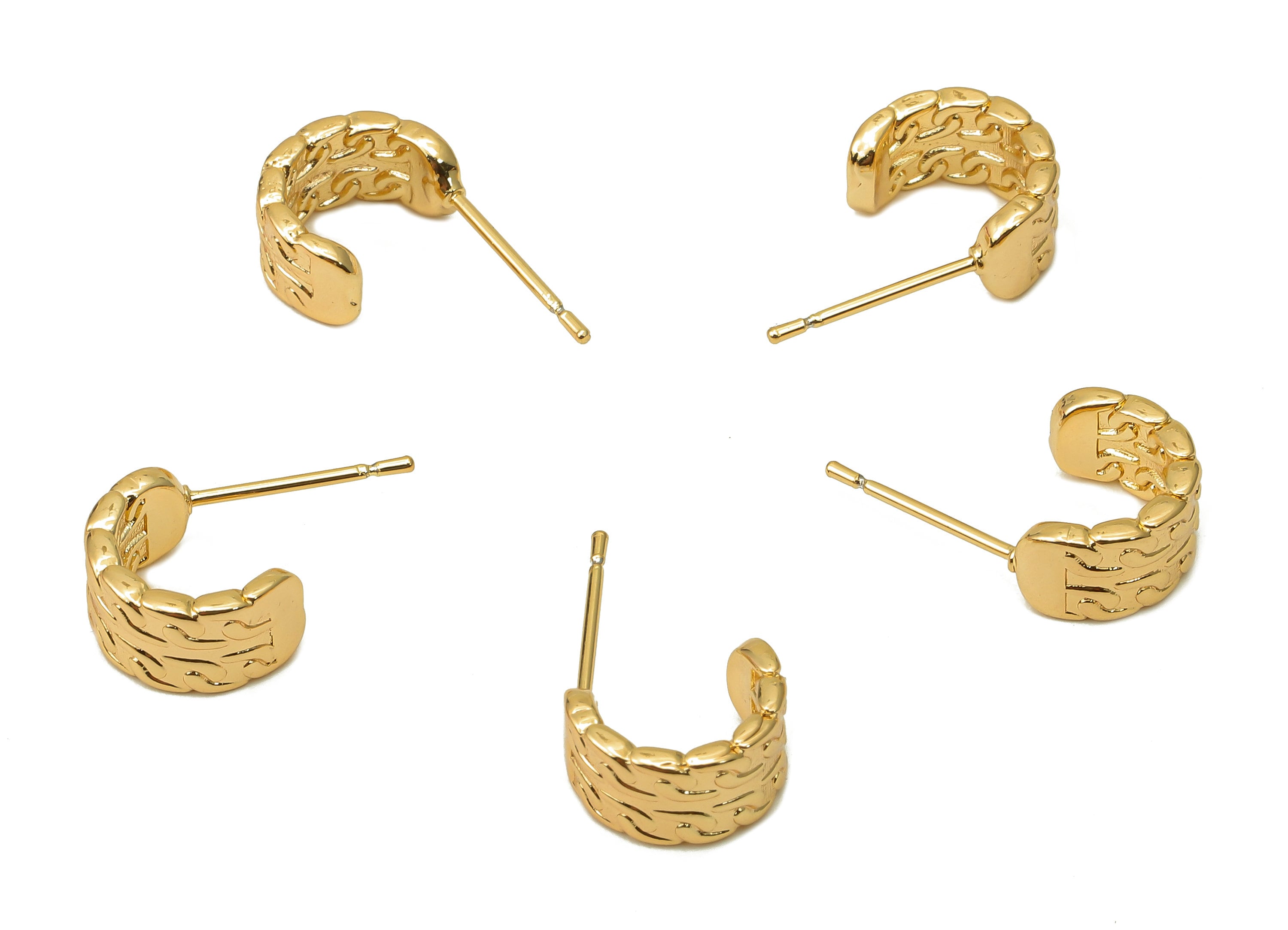 Brass Semicircle C Stud Earrings - Leaf Textured Earring Post - 316 Stainless Steel Stud - 18K Real Gold Plating - 19.9x11.2x1.5mm - RGP5613 - DOMEDBAZAAR