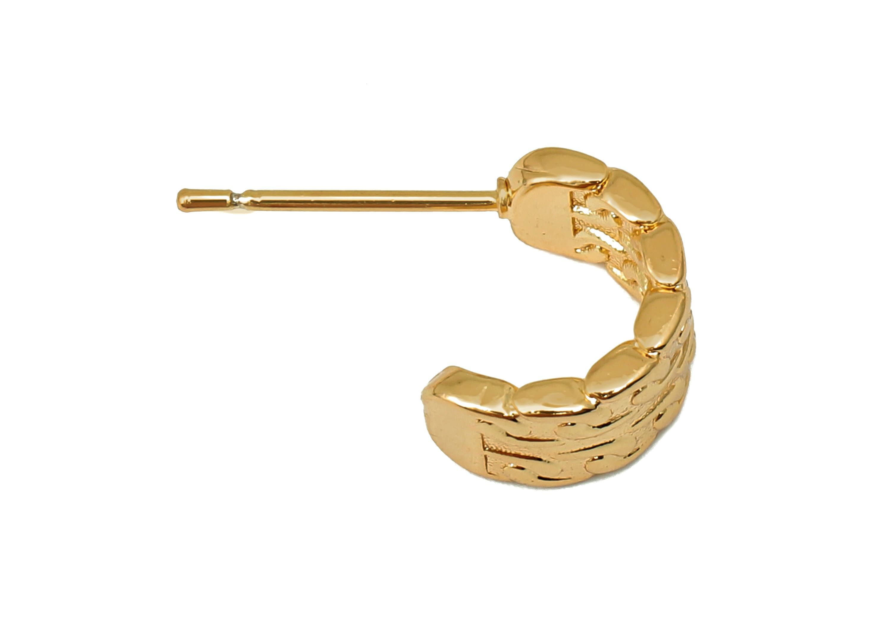 Brass Semicircle C Stud Earrings - Leaf Textured Earring Post - 316 Stainless Steel Stud - 18K Real Gold Plating - 19.9x11.2x1.5mm - RGP5613 - DOMEDBAZAAR