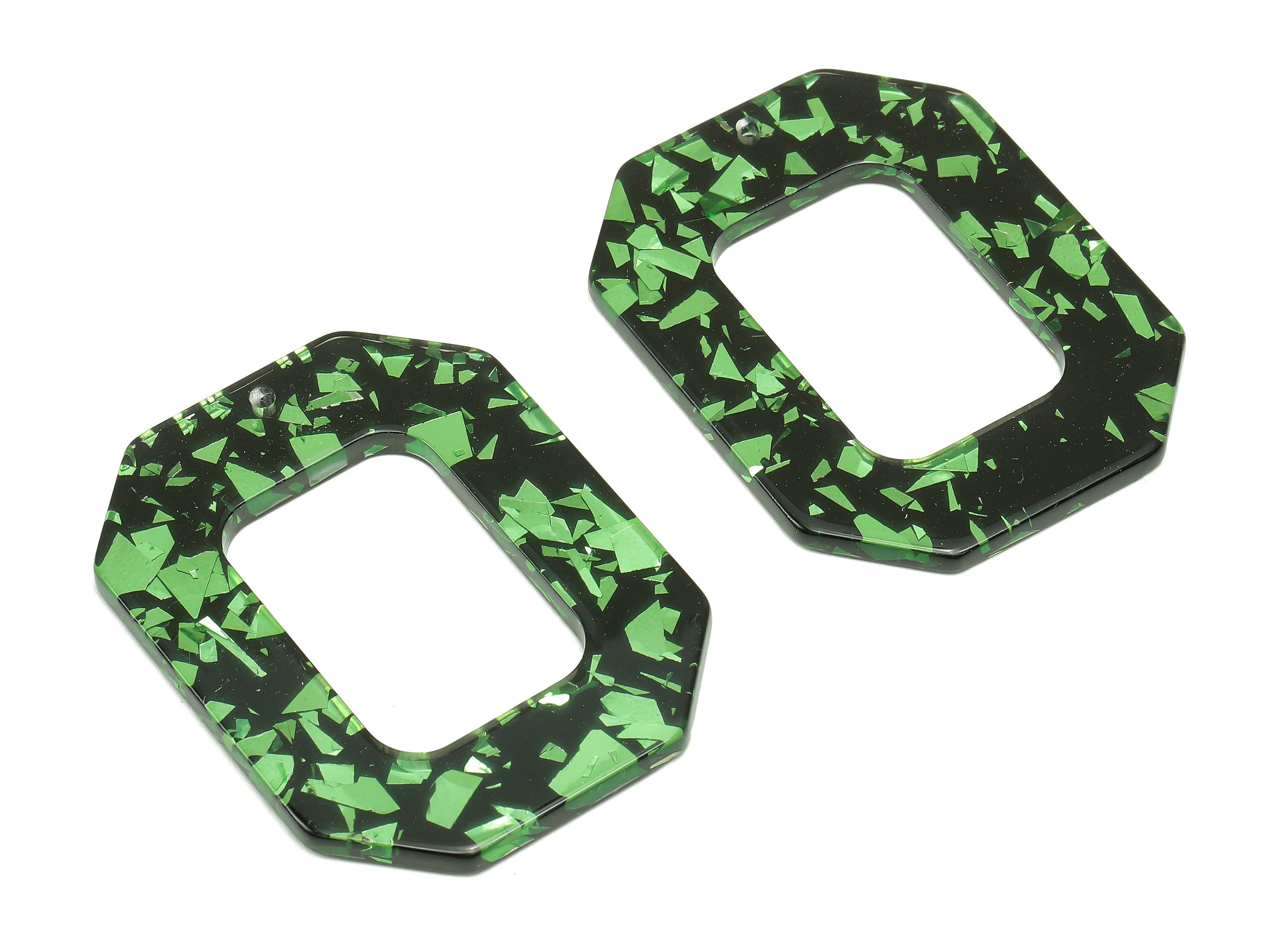 Acrylic Rectangle Earring Charm - Green Foil Rectangle Hollow Earring - Pendant With Hole - Color Code: A635 - 44.6x34.7x2.7mm - AC2566-A635 - DOMEDBAZAAR
