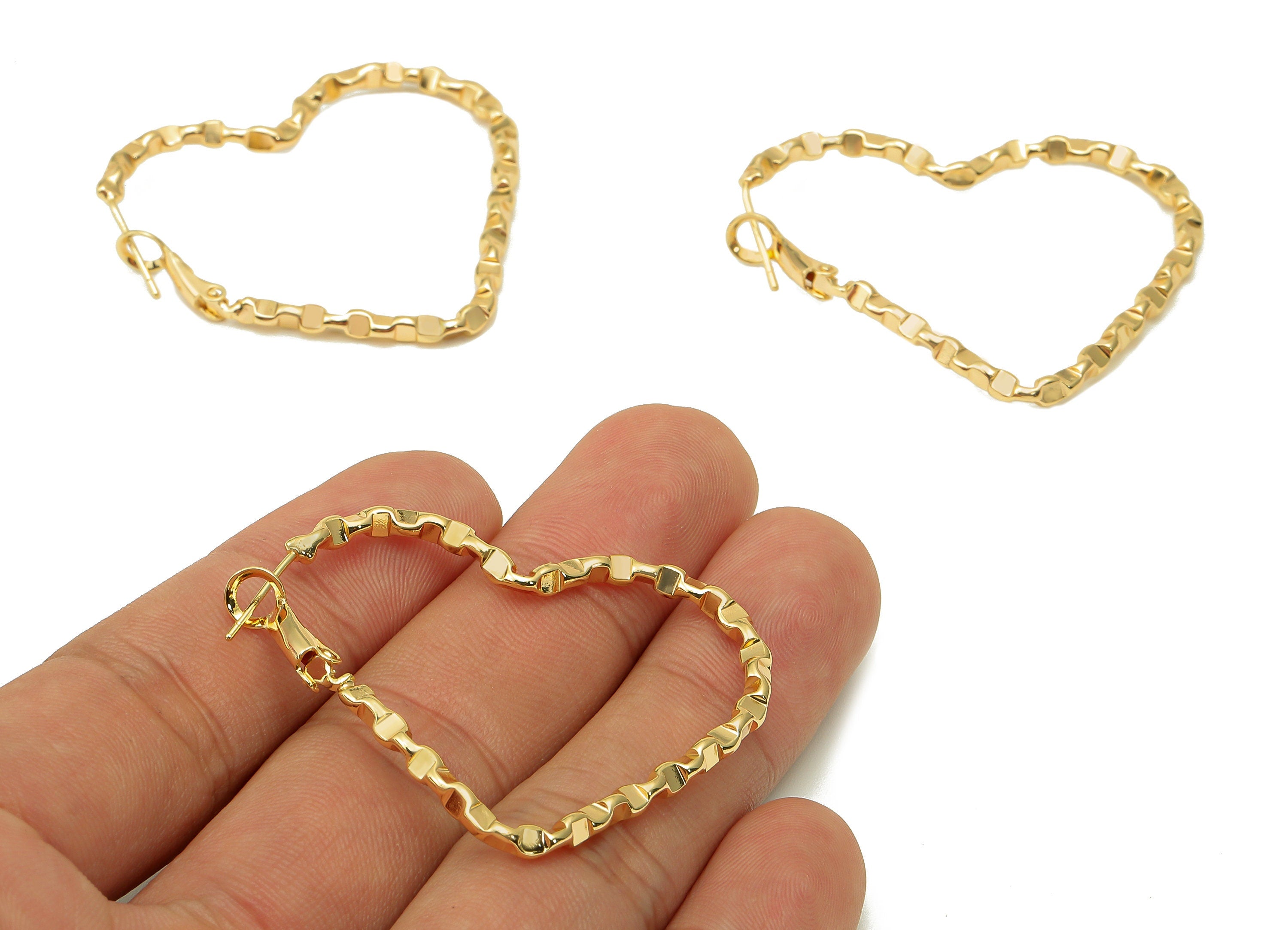 Brass Twisted Heart Earring Clasp - Gold Heart Hoop Earring - 925 Silver Stud - 18K Real Gold Plating - 39.81x44.54x2.64mm - RGP5618 - DOMEDBAZAAR