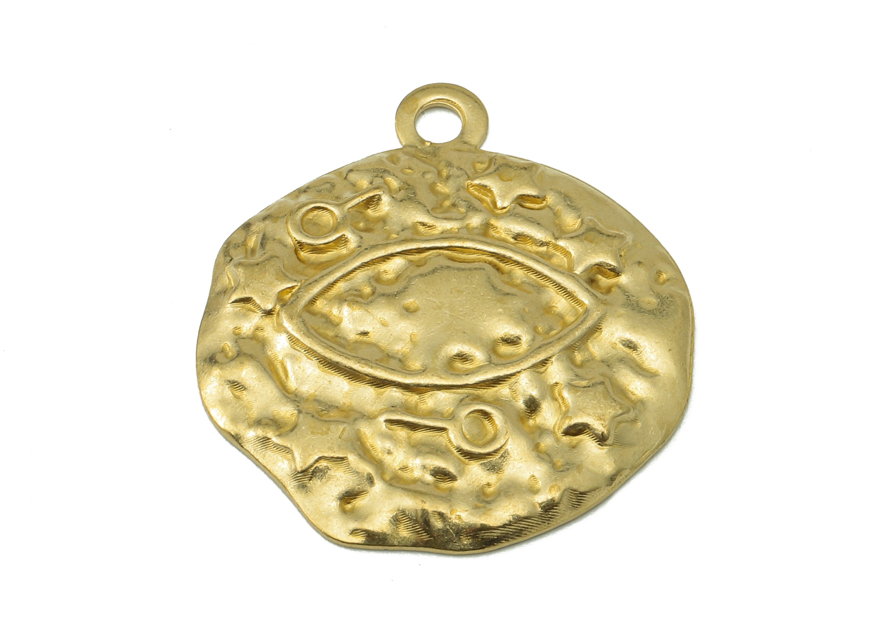 Brass Hammered Round Earring Charms - Circle Raw Brass Eye Pendant With Loop - Star Charms - For Necklace - 27.36x24.23x1.58mm - PP8198 - DOMEDBAZAAR