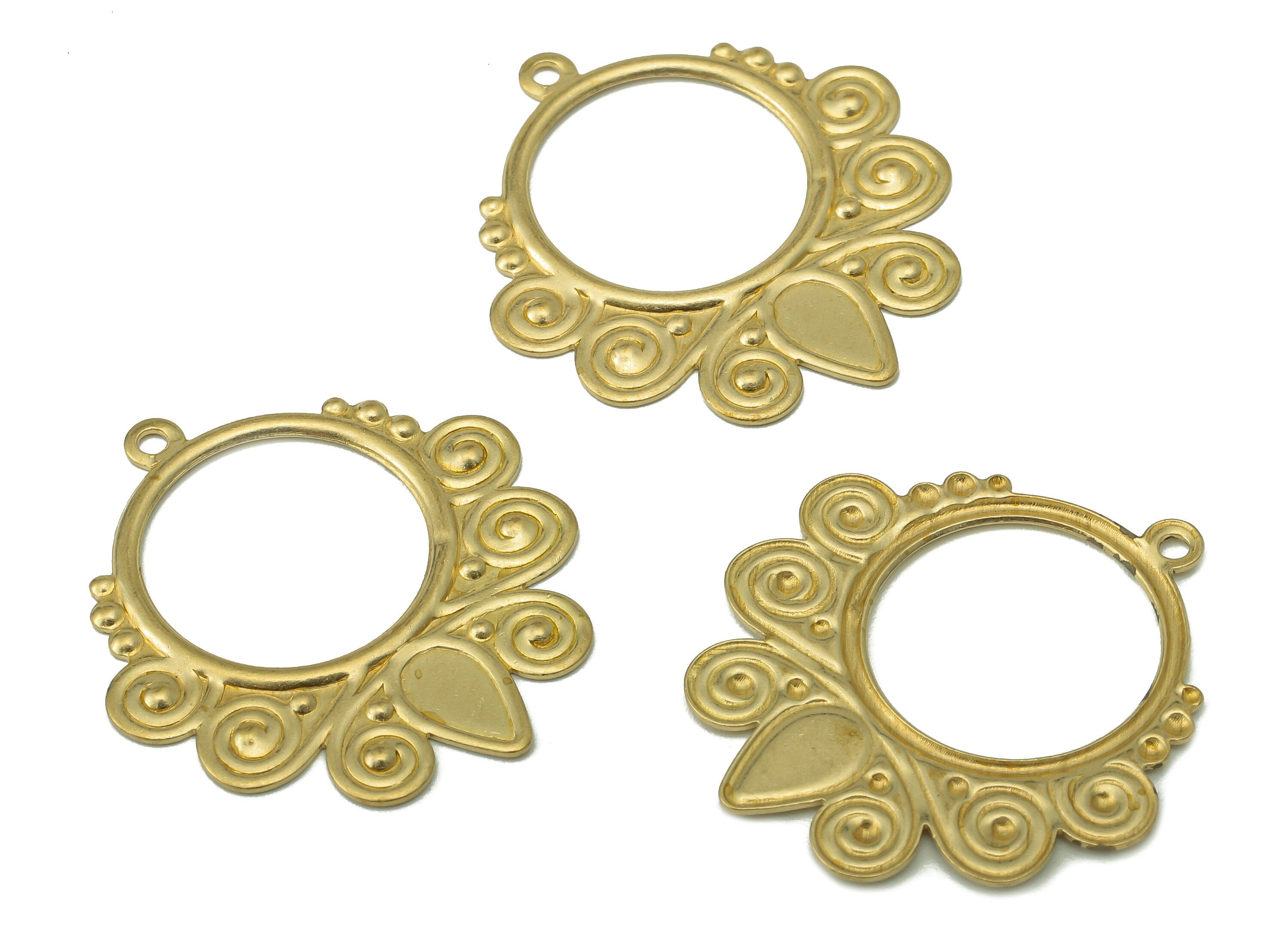 Brass Round Flower Earring Charms - Raw Brass Hollow Circle Pendant - Pattern Earring With Loop - For Necklace - 28.54x25.88x0.89mm - PP8200 - DOMEDBAZAAR