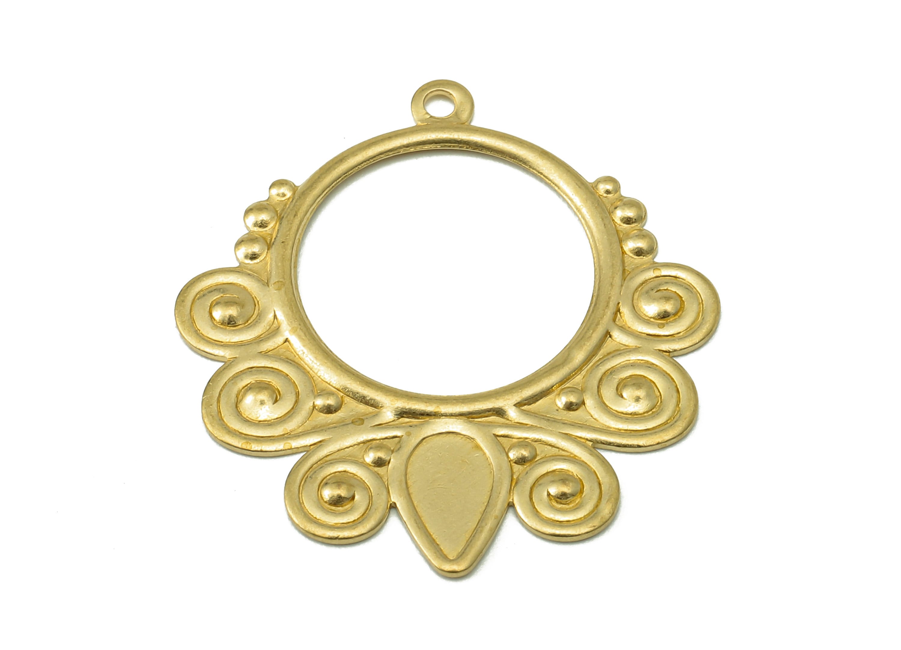 Brass Round Flower Earring Charms - Raw Brass Hollow Circle Pendant - Pattern Earring With Loop - For Necklace - 28.54x25.88x0.89mm - PP8200 - DOMEDBAZAAR