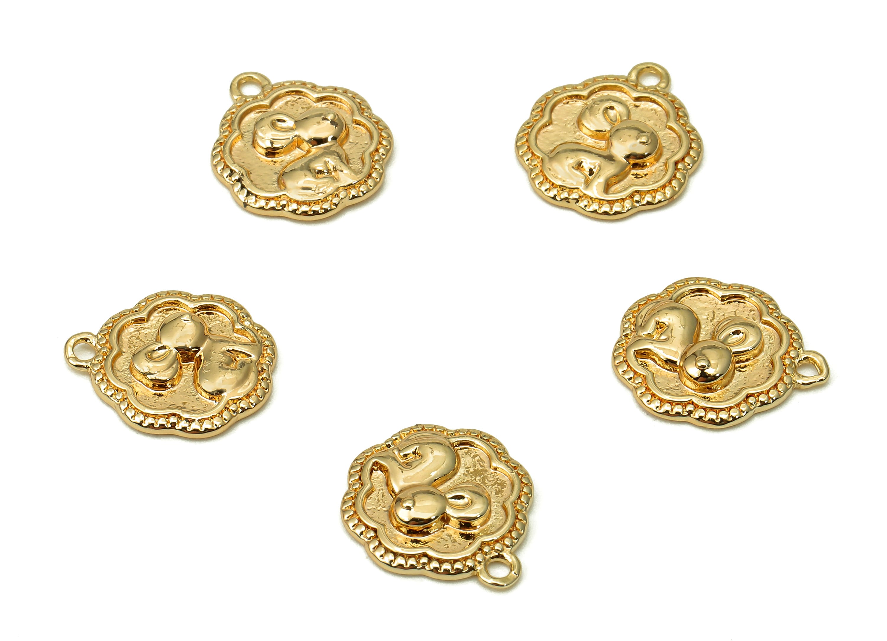 Brass Flower Earring Charm - Gold Rabbit Earring With Loop - Animal Pendant For Necklace - 18K Real Gold Plating - 13.8x11.7x1.9mm - RGP5624 - DOMEDBAZAAR