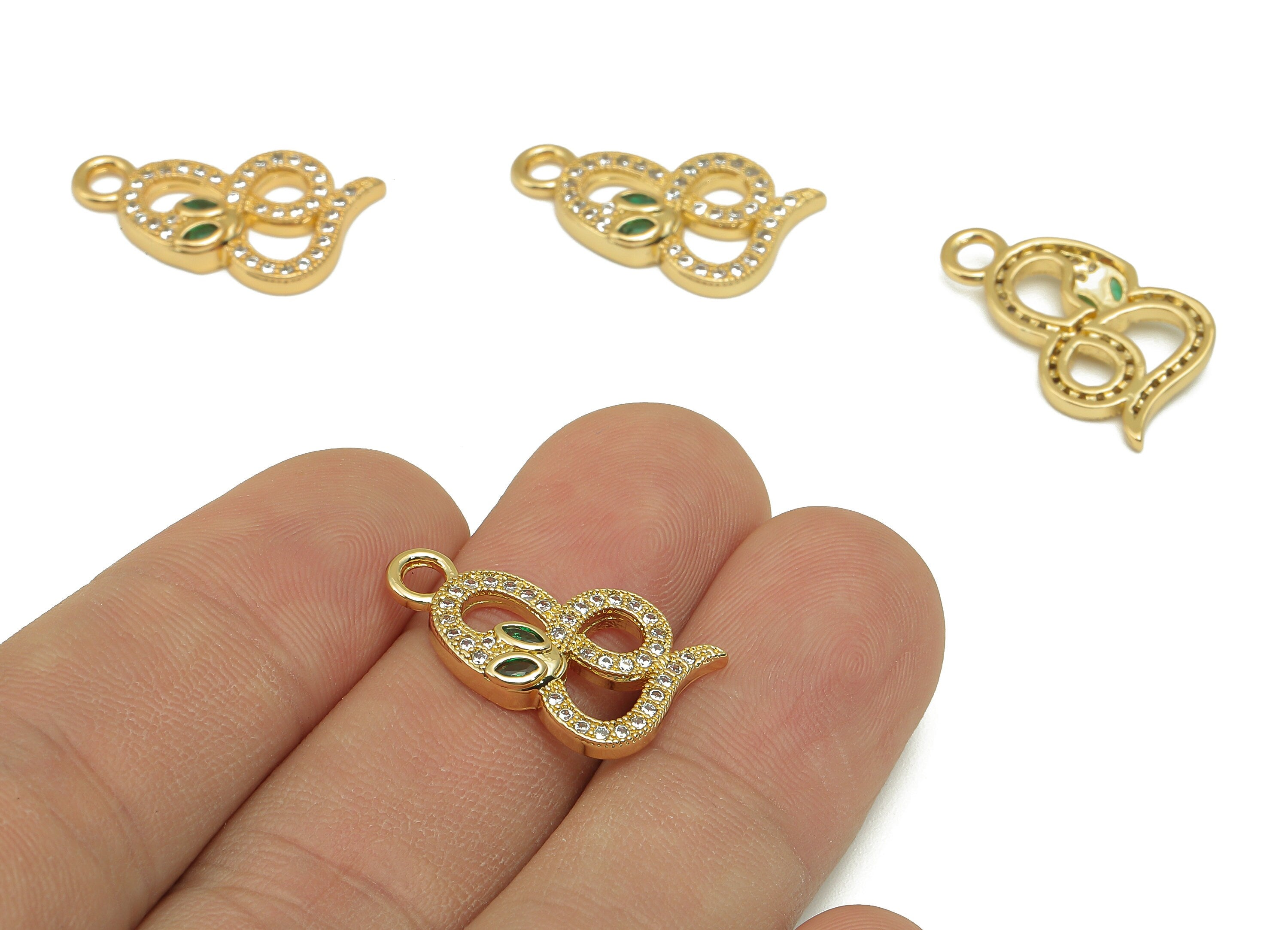 Brass Infinity Snake Earring with Zircons - Brass Infinity Green Eye Snake Pendant - 18K Real Gold Plated - 20.94x12.14x3.04mm - RGP4918 - DOMEDBAZAAR