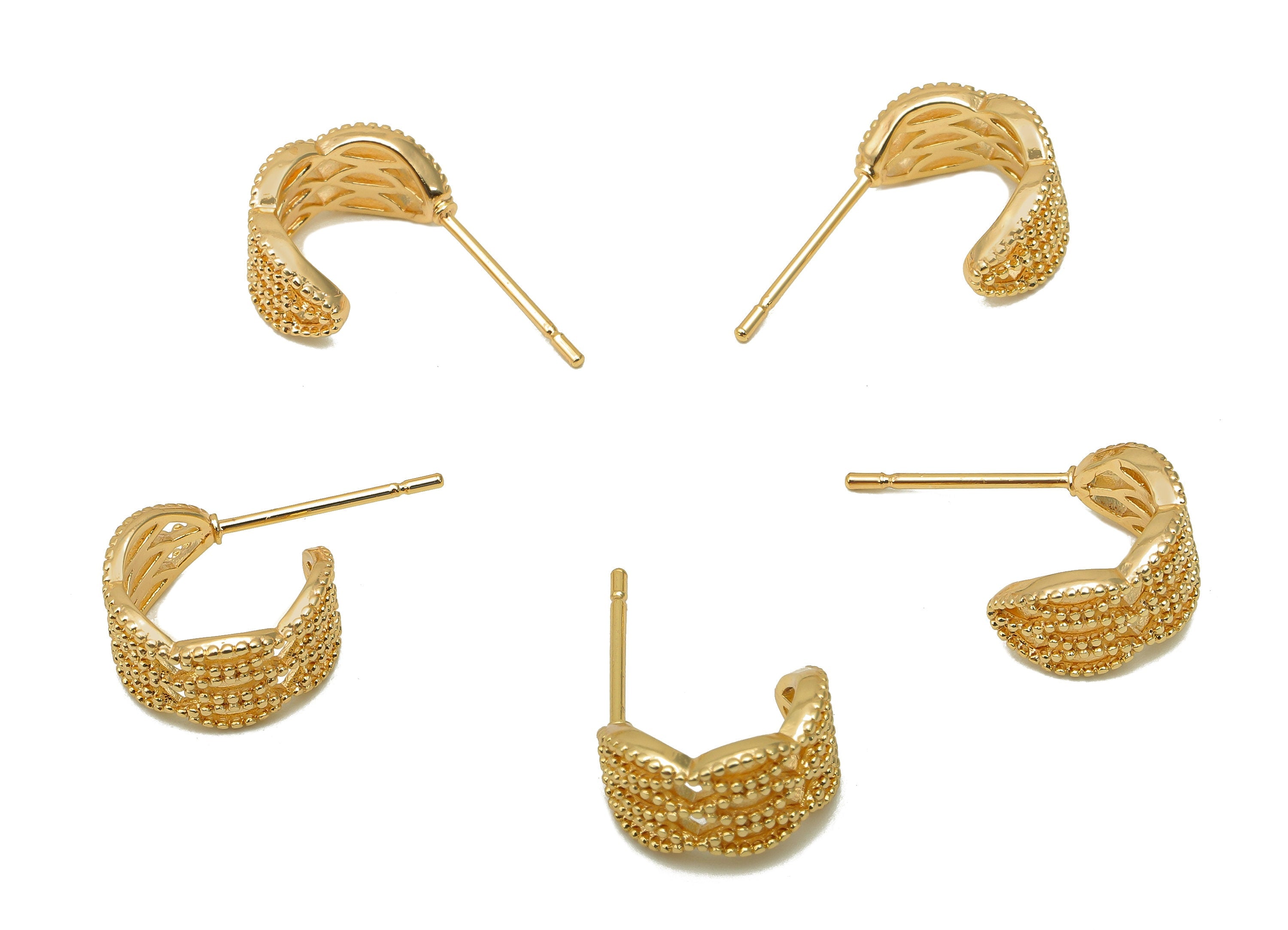 Brass Dots Hoop Stud Earring - Textured Huggie C Earring Post - 316 Stainless Steel Stud - 18K Real Gold Plating - 19.7x11.6x1.7mm - RGP5607 - DOMEDBAZAAR