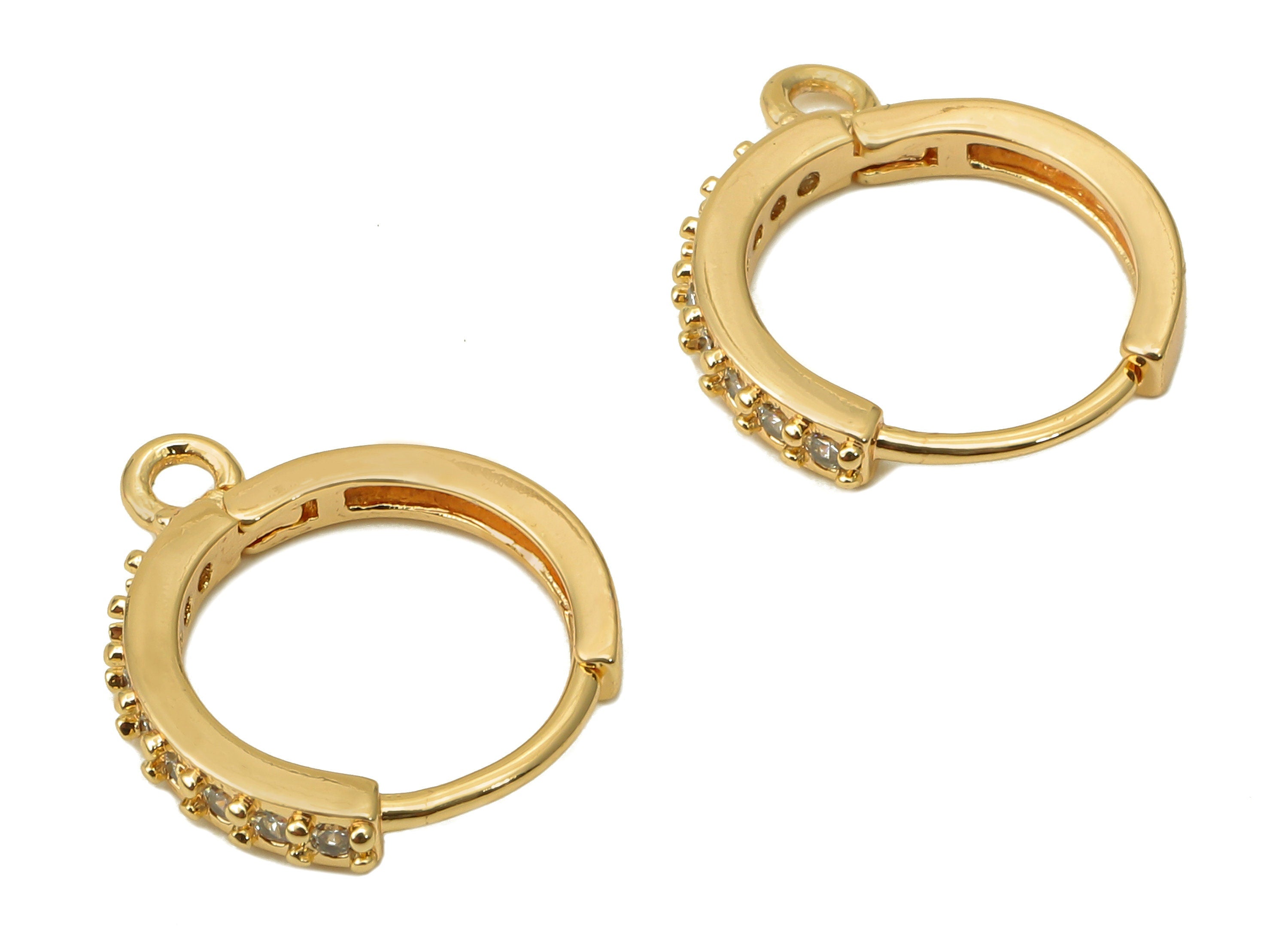 Brass Round Earring Clasp With Zircons - Gold Huggie Hoop With Loop - Circle Earring Hoop - 18K Real Gold Plating - 16x14.1x2.2mm - RGP5635 - DOMEDBAZAAR