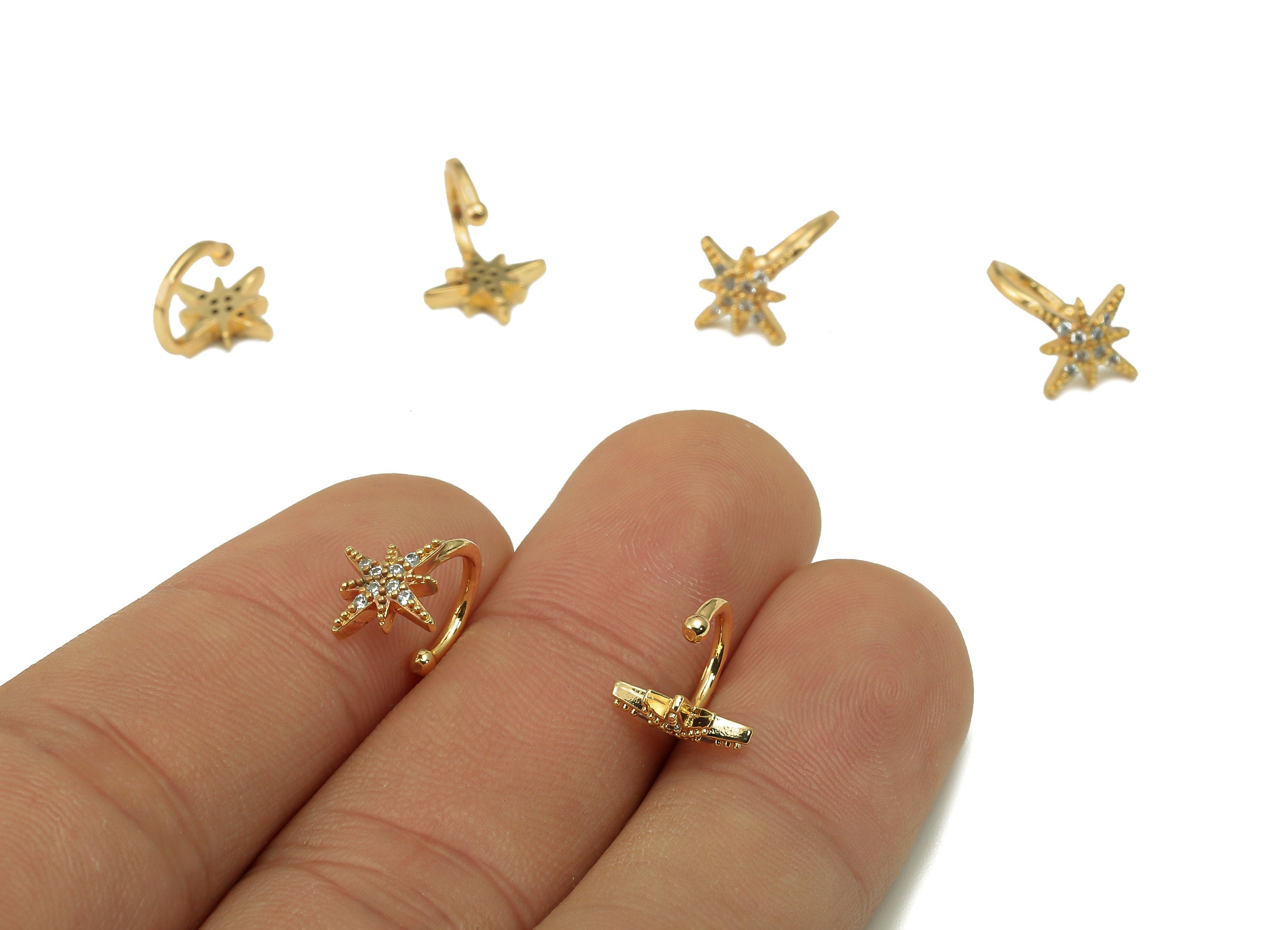 Brass Star Open Round C Ear Cuff - Cartilage Earring With Zircon - Planet Huggie Hoop Earring - 18K Real Gold Plating - 12x9x1.1mm - RGP5636 - DOMEDBAZAAR