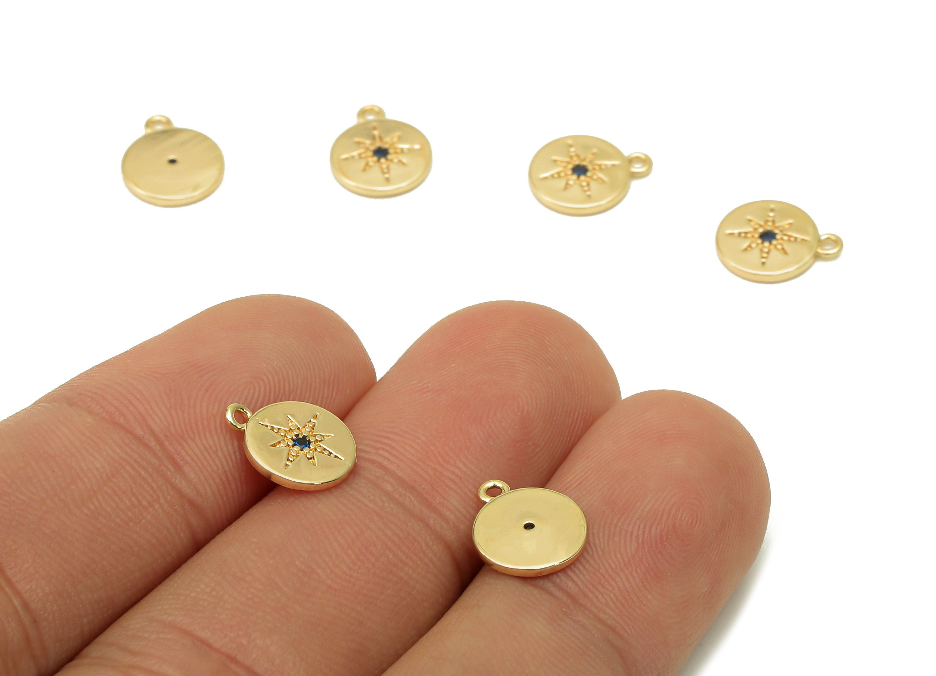 Brass Mini North Star Round Earring - Blue Cubic Zirconia CZ Charm - Star Pendant With Loop - 18K Real Gold Plating - 11X8.6X1.1mm - RGP5638 - DOMEDBAZAAR