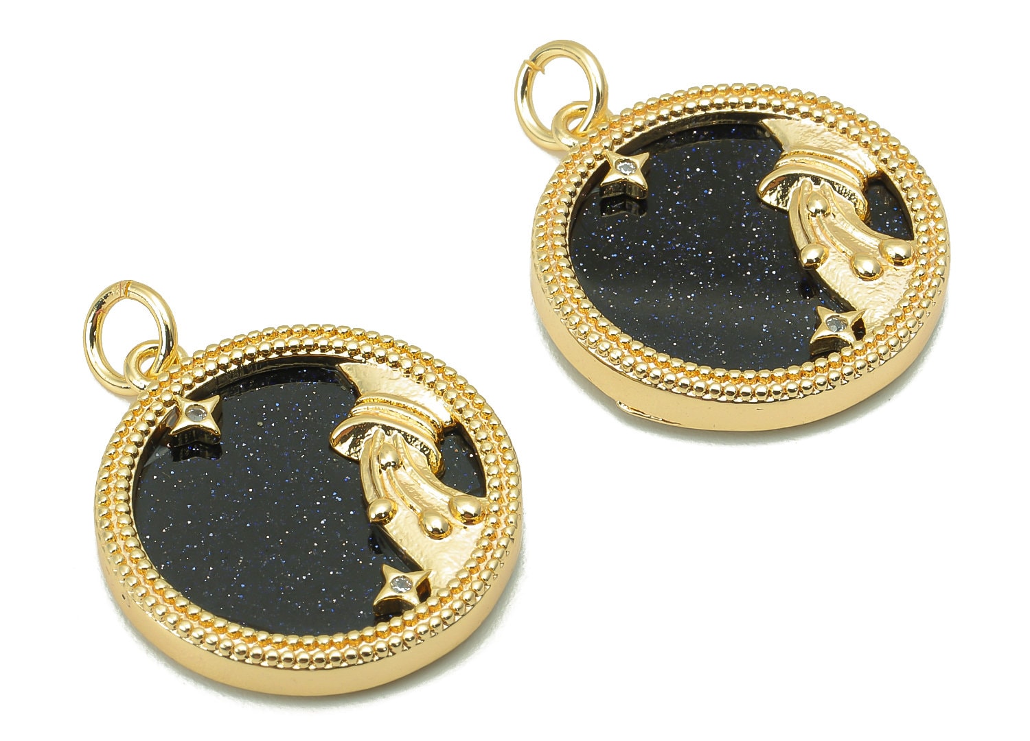 Brass Horoscope Zircon Round Aquarius Charm - Blue Sandstone Zodiac Pendant With Loop - 18K Real Gold Plating - 23.5x18.4x3.1mm - RGP5816A - DOMEDBAZAAR