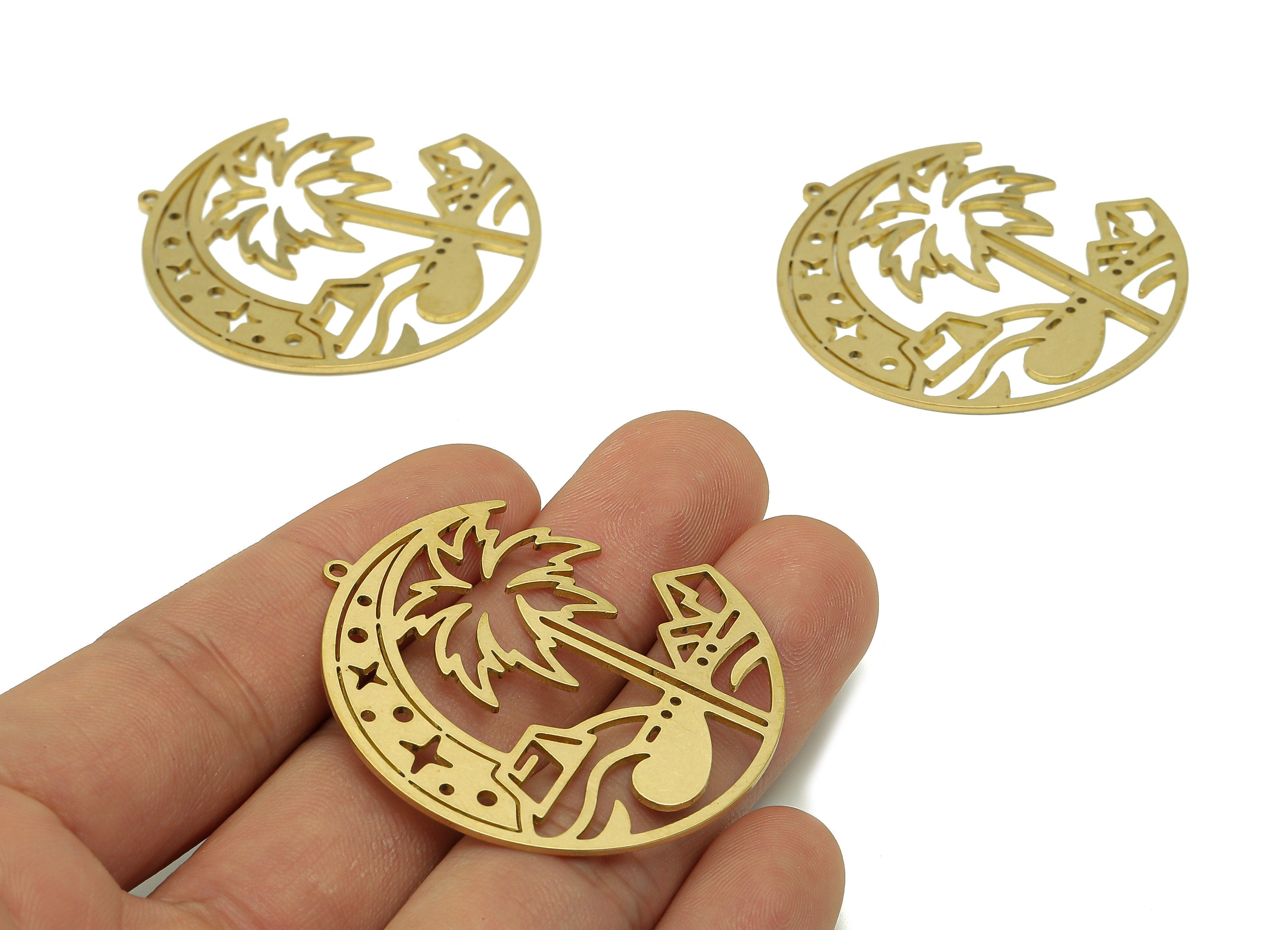 Brass Round Landscape Earring Charm - Raw Brass Coconut Tree Circle Earring - Moon Pendant With Loop - Star Charms - 44.7x42x0.9mm - PPZ0217 - DOMEDBAZAAR