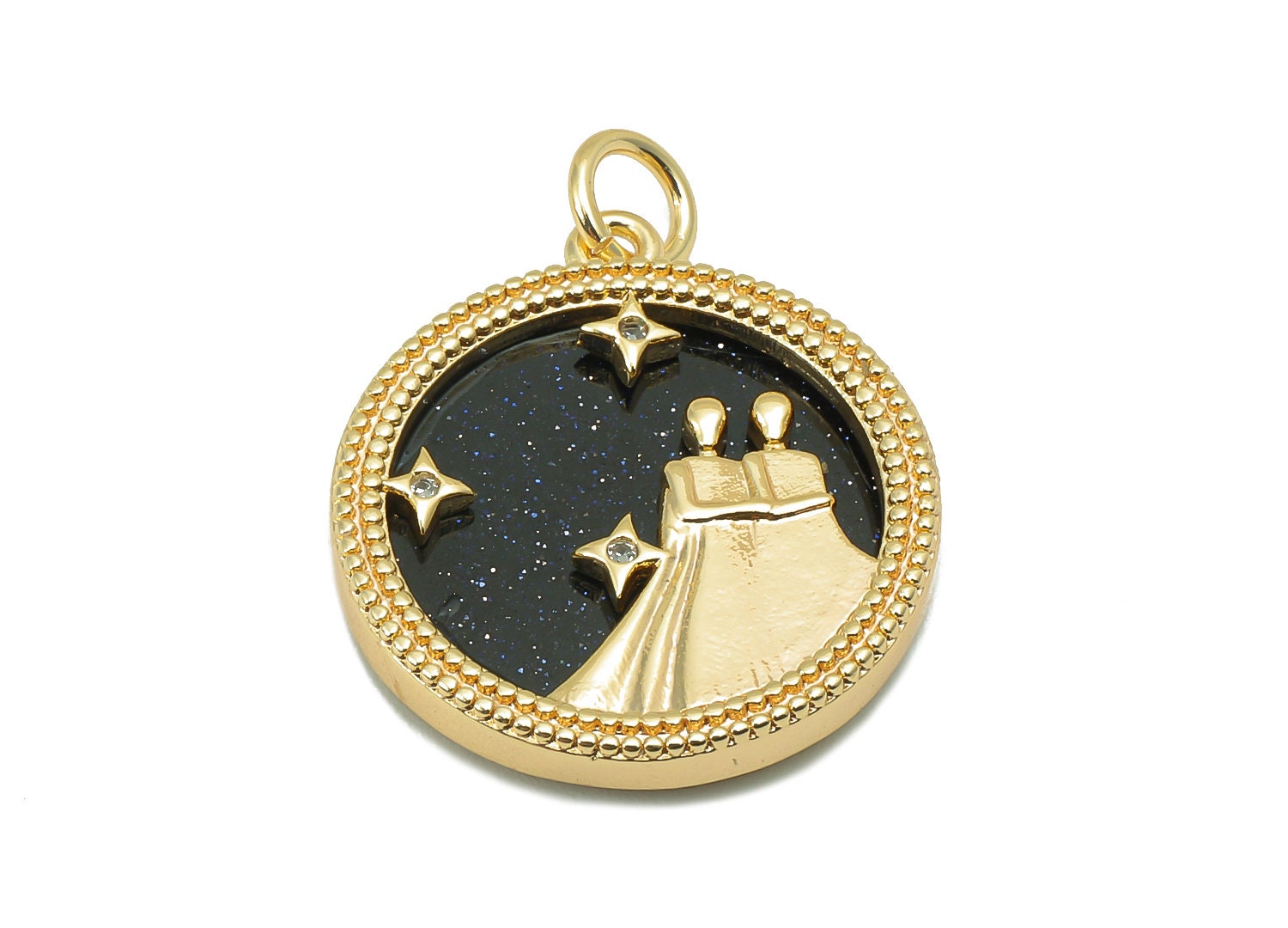 Brass Horoscope Zircon Round Gemini Charm - Blue Sandstone Zodiac Pendant With Loop - 18K Real Gold Plating - 23.5x18.4x3.1mm - RGP5816B - DOMEDBAZAAR