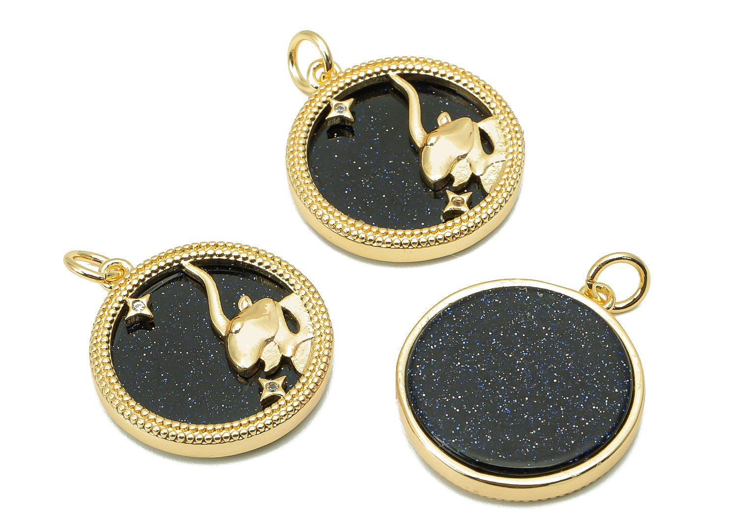 Brass Horoscope Zircon Round Capricorn Charm - Blue Sandstone Zodiac Pendant With Loop - 18K Real Gold Plating - 23.5x18.4x3.1mm - RGP5816D - DOMEDBAZAAR