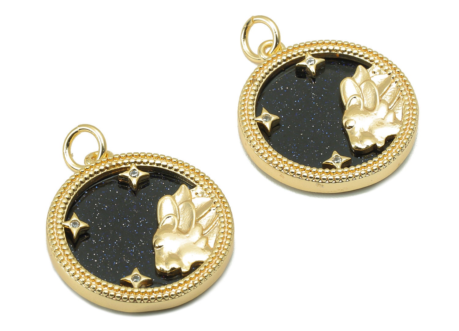 Brass Horoscope Zircon Round Leo Charm - Blue Sandstone Zodiac Pendant With Loop - 18K Real Gold Plating - 23.5x18.4x3.1mm - RGP5816E - DOMEDBAZAAR