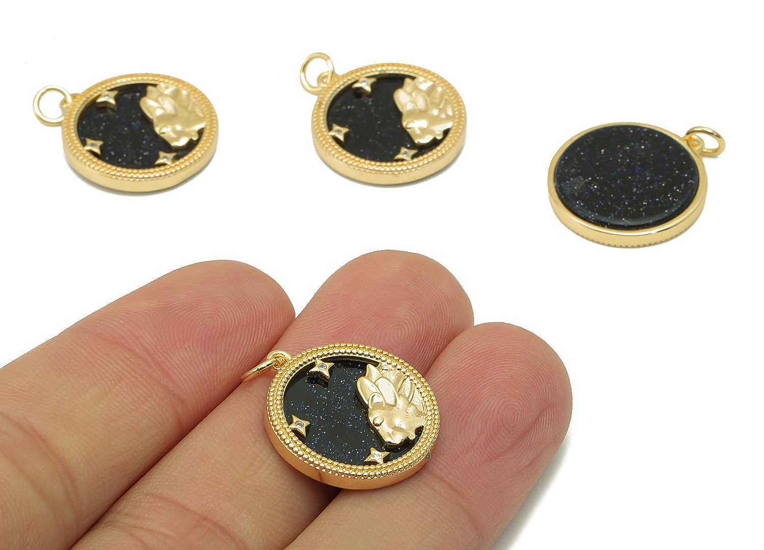 Brass Horoscope Zircon Round Leo Charm - Blue Sandstone Zodiac Pendant With Loop - 18K Real Gold Plating - 23.5x18.4x3.1mm - RGP5816E - DOMEDBAZAAR