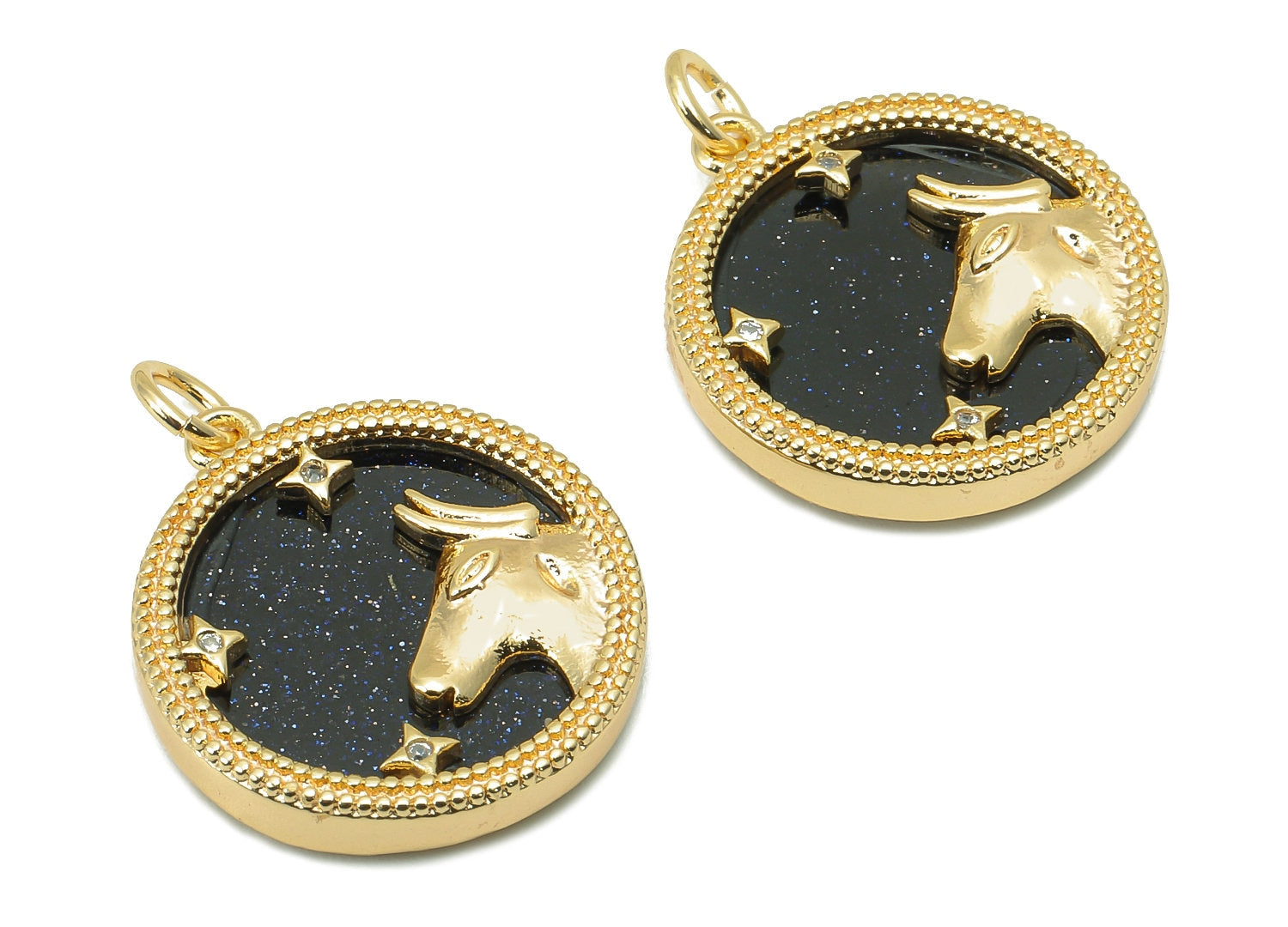Brass Horoscope Zircon Round Taurus Charm - Blue Sandstone Zodiac Pendant With Loop - 18K Real Gold Plating - 23.5x18.4x3.1mm - RGP5816F - DOMEDBAZAAR
