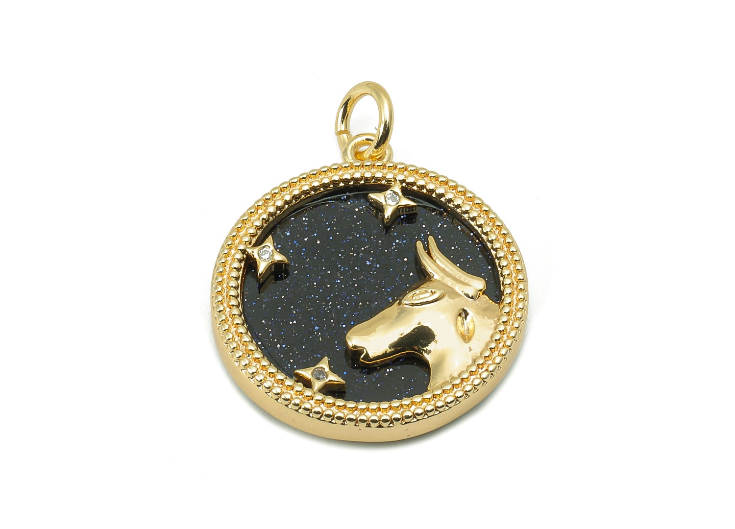 Brass Horoscope Zircon Round Taurus Charm - Blue Sandstone Zodiac Pendant With Loop - 18K Real Gold Plating - 23.5x18.4x3.1mm - RGP5816F - DOMEDBAZAAR