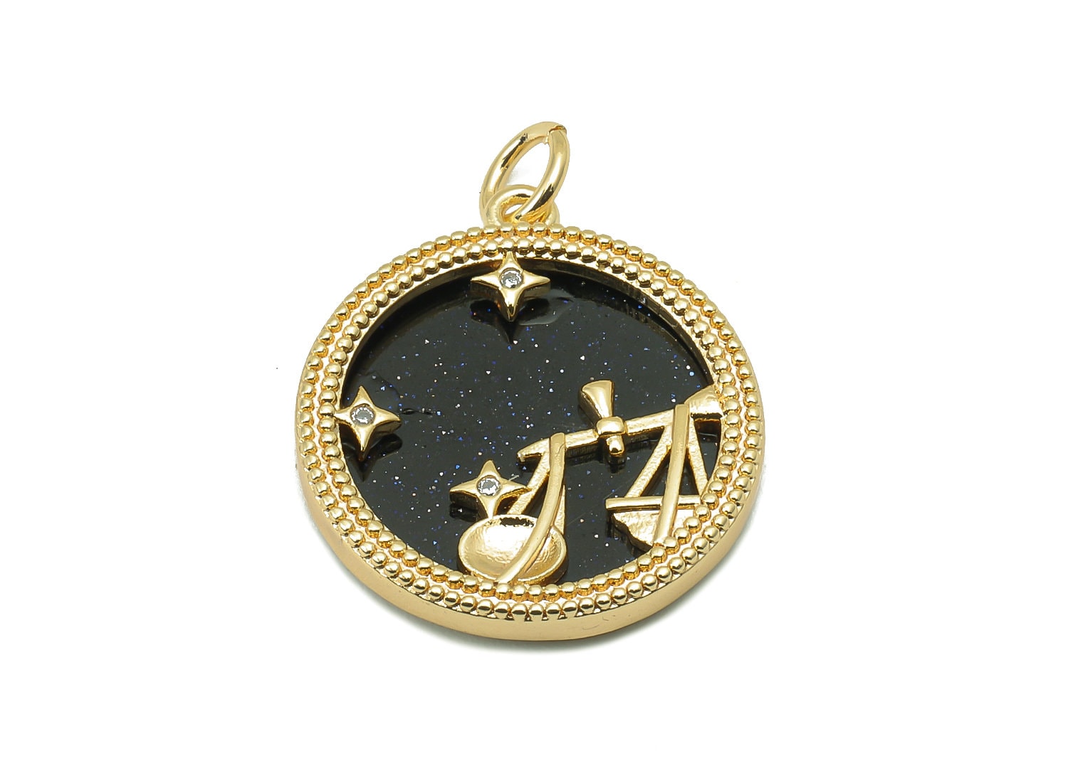 Brass Horoscope Zircon Round Libra Charm - Blue Sandstone Zodiac Pendant With Loop - 18K Real Gold Plating - 23.5x18.4x3.1mm - RGP5816H - DOMEDBAZAAR