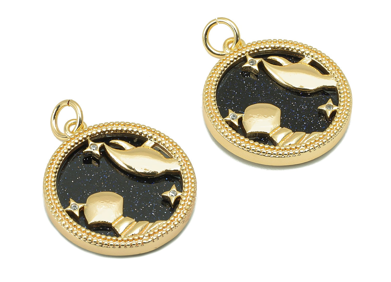 Brass Horoscope Zircon Round Cancer Charm - Blue Sandstone Zodiac Pendant With Loop - 18K Real Gold Plating - 23.5x18.4x3.1mm - RGP5816J - DOMEDBAZAAR