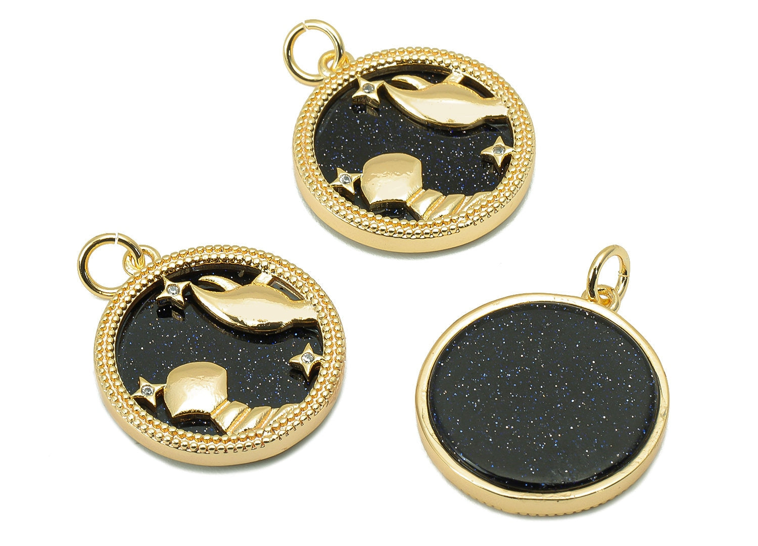 Brass Horoscope Zircon Round Cancer Charm - Blue Sandstone Zodiac Pendant With Loop - 18K Real Gold Plating - 23.5x18.4x3.1mm - RGP5816J - DOMEDBAZAAR