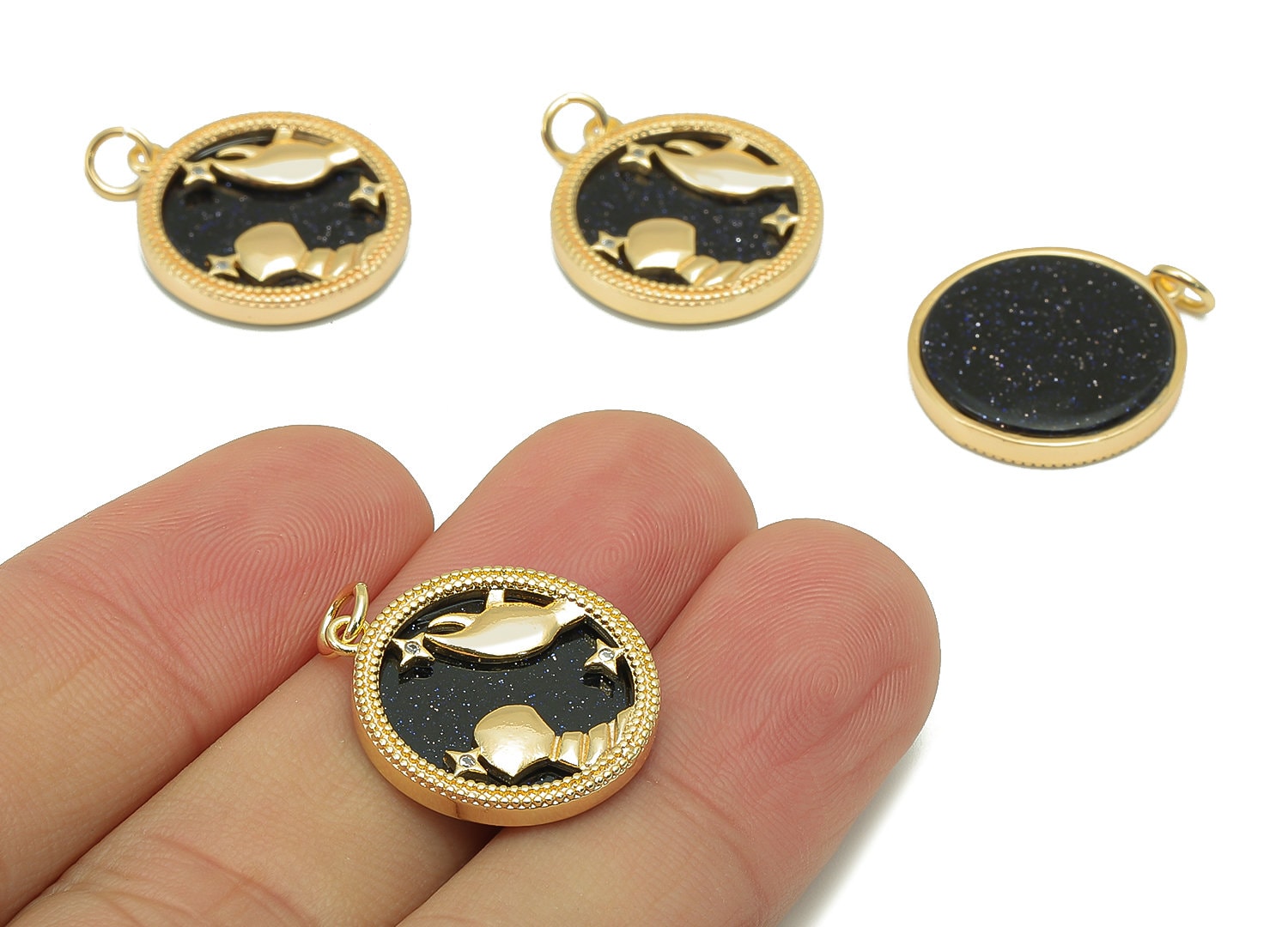 Brass Horoscope Zircon Round Cancer Charm - Blue Sandstone Zodiac Pendant With Loop - 18K Real Gold Plating - 23.5x18.4x3.1mm - RGP5816J - DOMEDBAZAAR