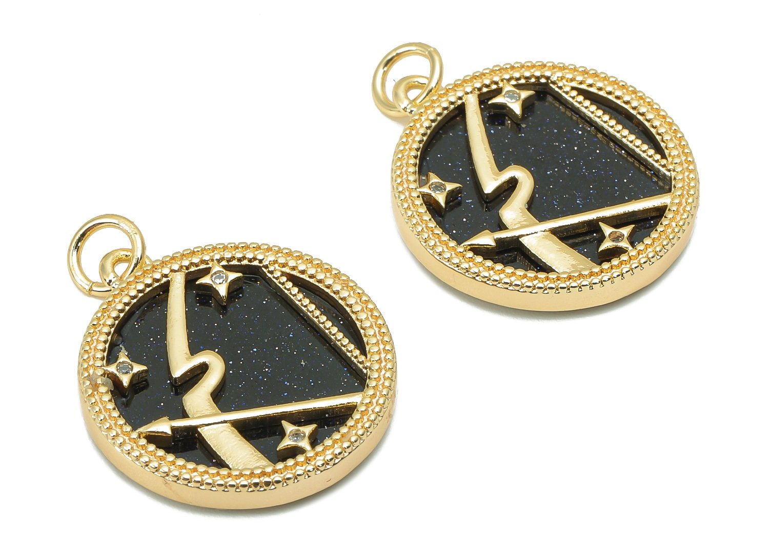 Brass Horoscope Zircon Round Sagittairus Charm - Blue Sandstone Zodiac Pendant With Loop - 18K Real Gold Plating - 23.5x18.4x3.1mm -RGP5816K - DOMEDBAZAAR