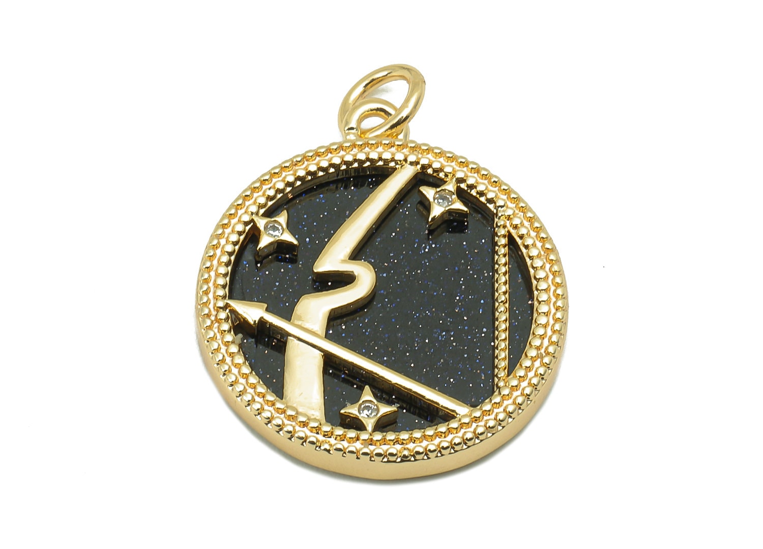 Brass Horoscope Zircon Round Sagittairus Charm - Blue Sandstone Zodiac Pendant With Loop - 18K Real Gold Plating - 23.5x18.4x3.1mm -RGP5816K - DOMEDBAZAAR