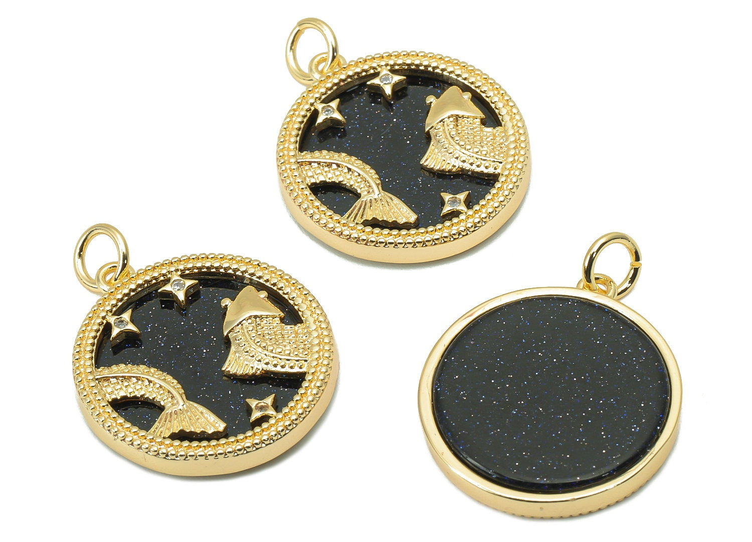Brass Horoscope Zircon Round Pisces Charm - Blue Sandstone Zodiac Pendant With Loop - 18K Real Gold Plating - 23.5x18.4x3.1mm - RGP5816L - DOMEDBAZAAR