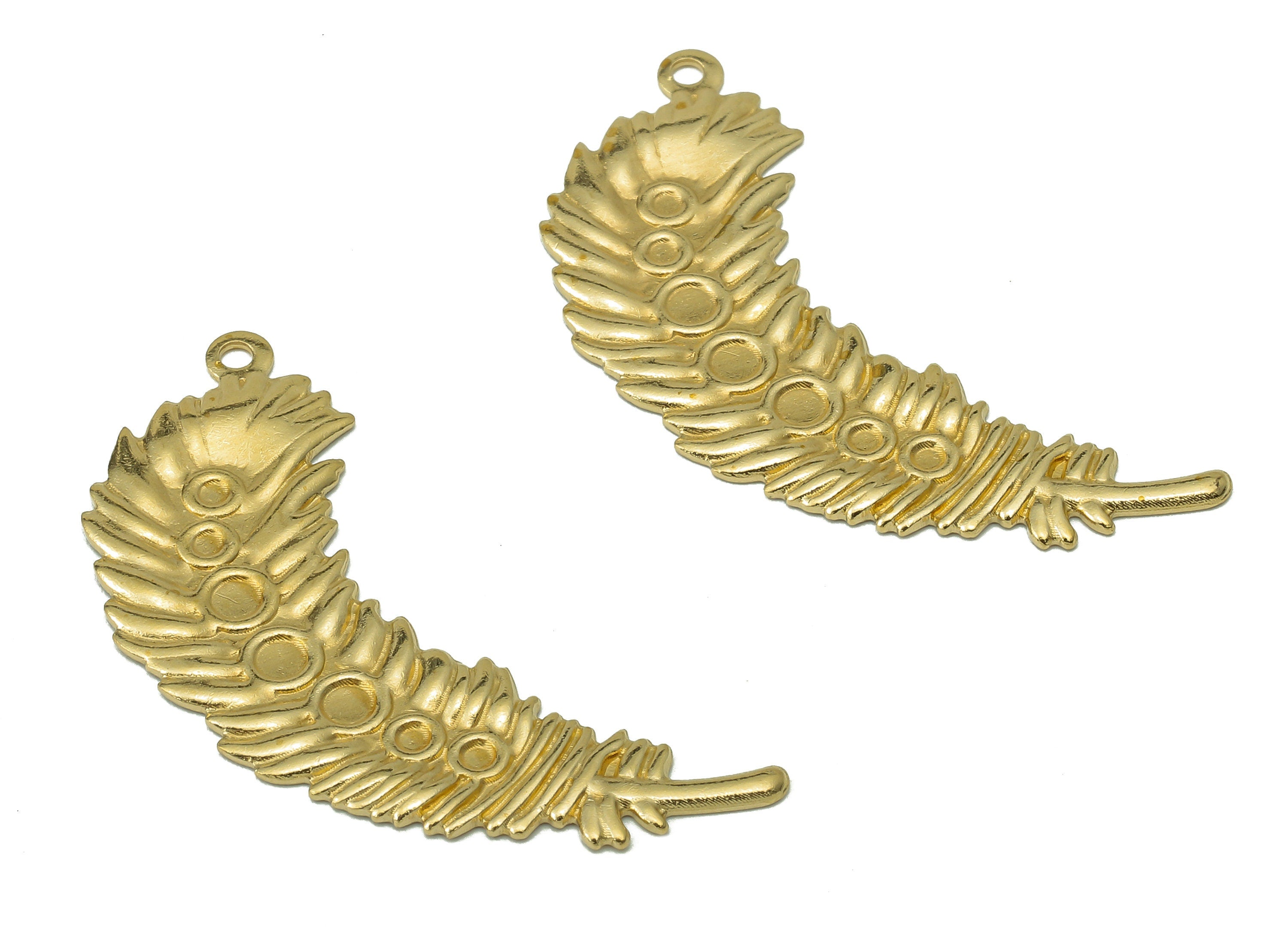 Brass Leaf Feather Earring Charms - Raw Brass Leaves Feather Pendant With Loop - Earring Findings - For Necklace - 36.4x11.4x1.01mm - PP8201 - DOMEDBAZAAR