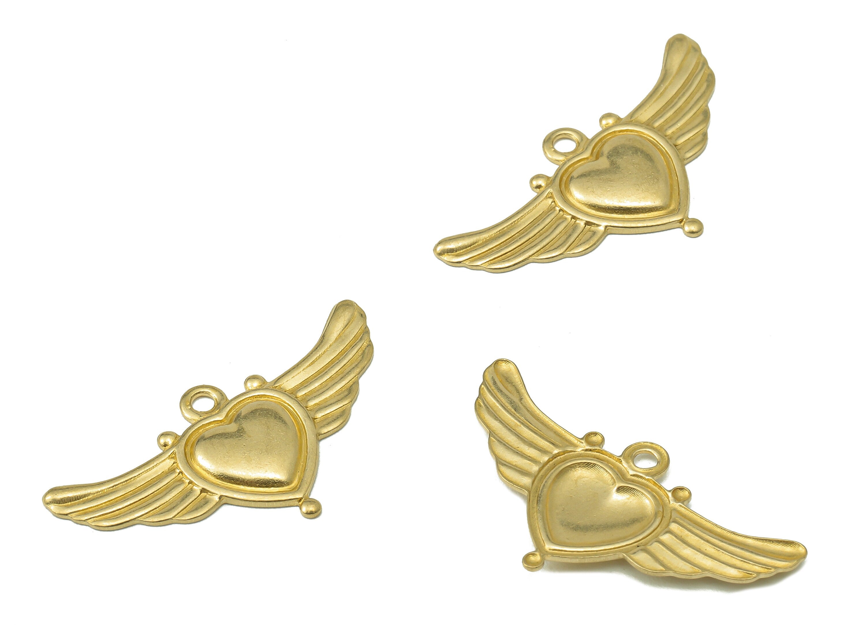 Brass Wing Heart Earring Charms - Raw Brass Flying Heart Pendant - Heart Charms With Loop - For Necklace - 26.32x13.95x0.65mm - PP8202 - DOMEDBAZAAR